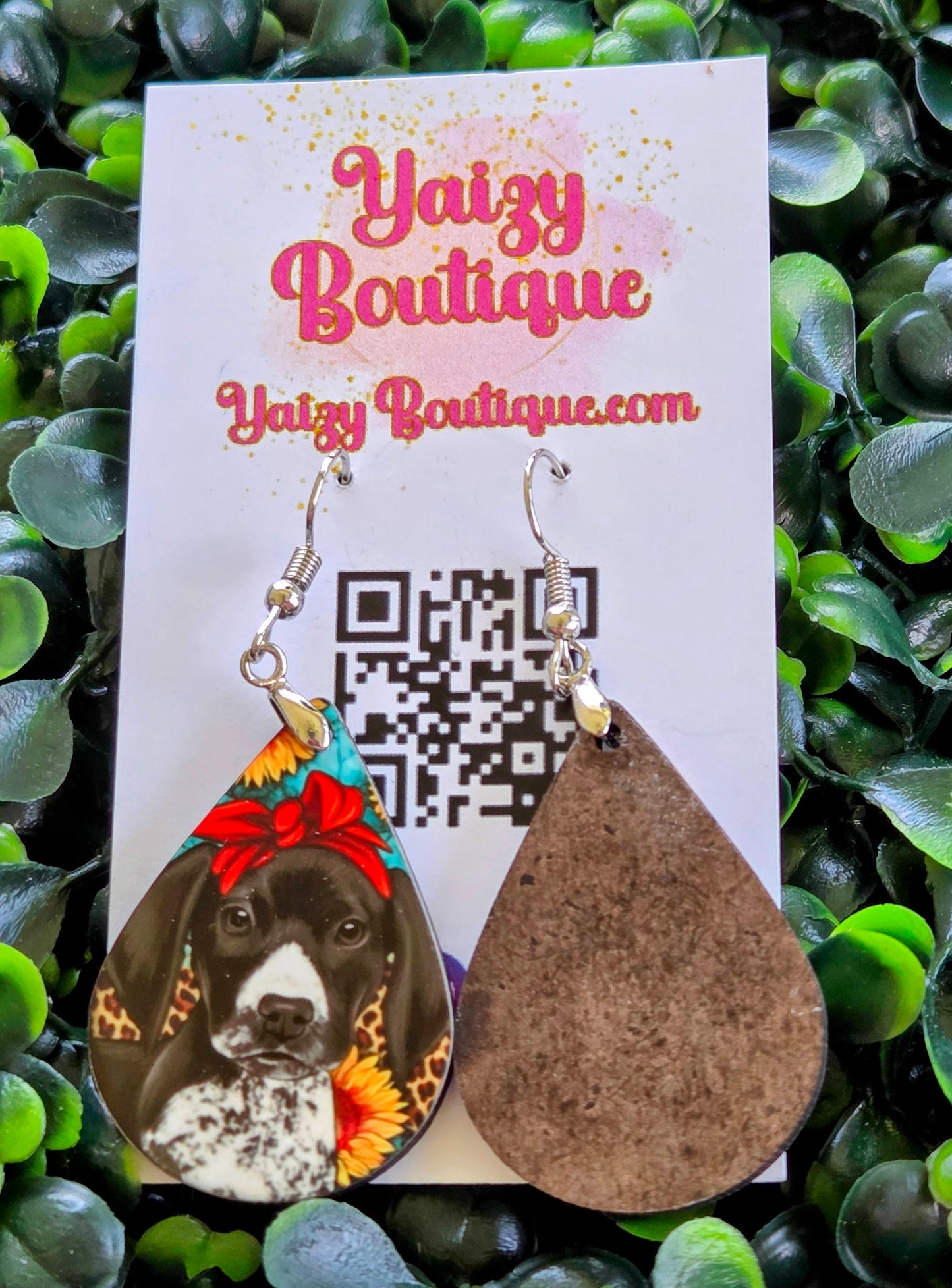Handmade Teardrop Earrings – Black Dog with Sunflowers & Red Bow | MDF Wood Yaizy Boutique