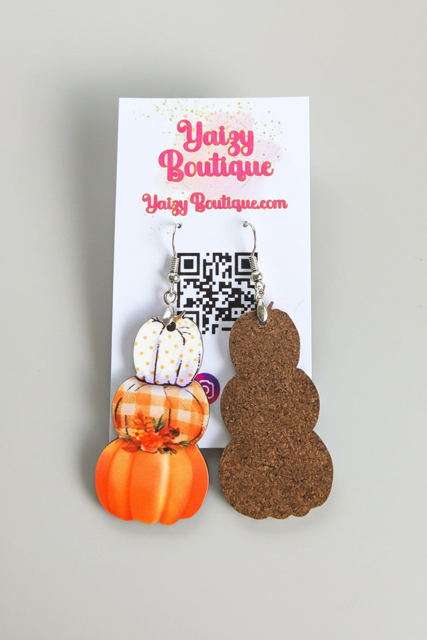 Fall Pumpkin Stack Wooden Earrings – Orange Plaid Autumn Dangle Earrings Yaizy Boutique