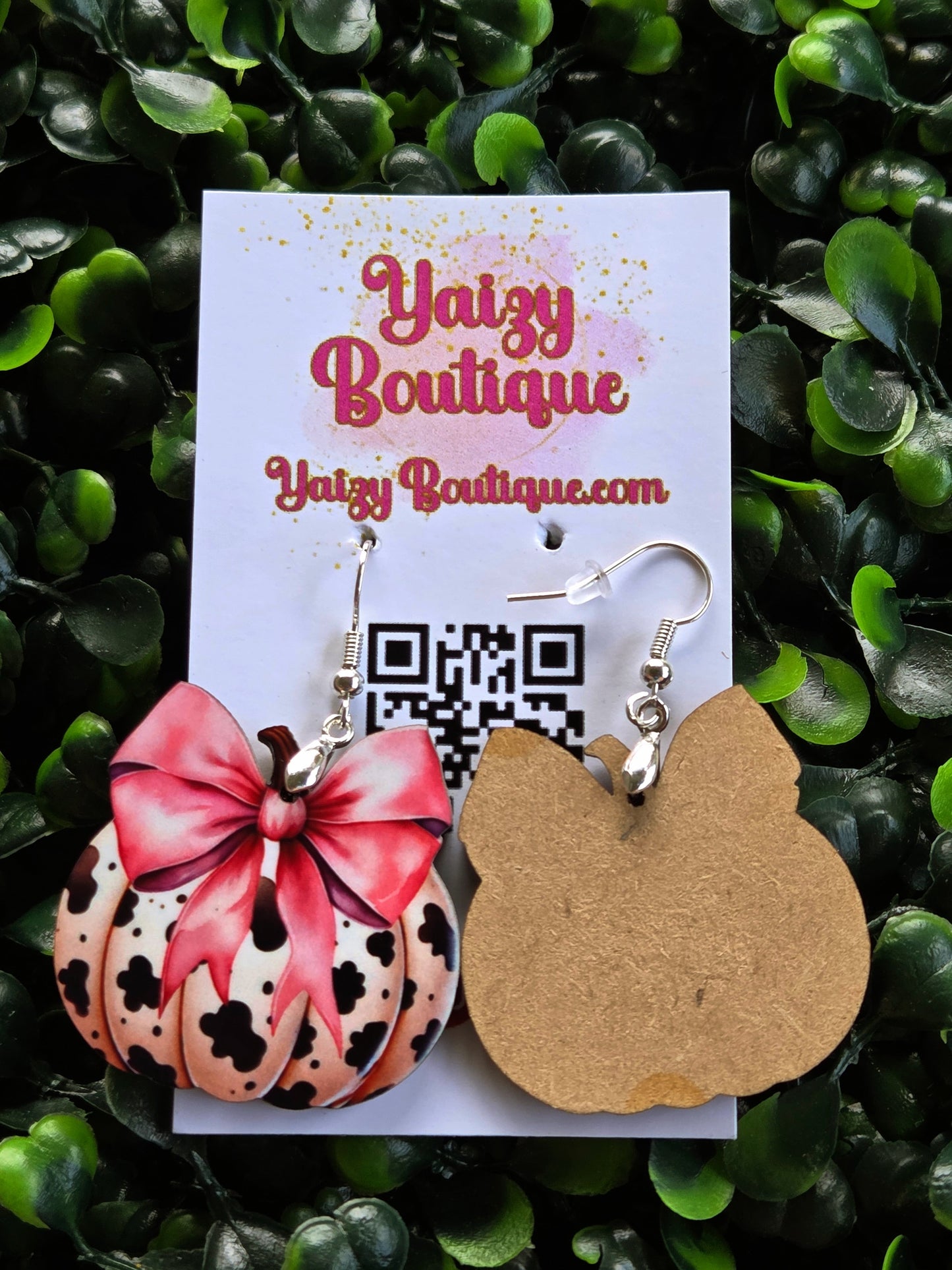 Cow Print Pumpkin Earrings with Pink Bow – Handmade Fall Statement Jewelry Yaizy Boutique