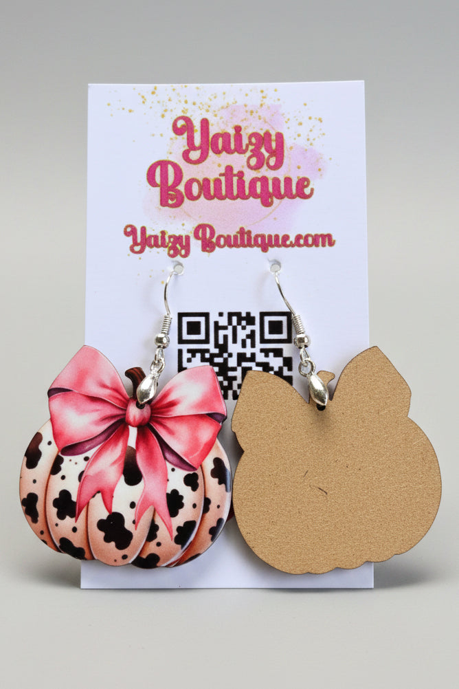 Cow Print Pumpkin Earrings with Pink Bow – Handmade Fall Statement Jewelry Yaizy Boutique