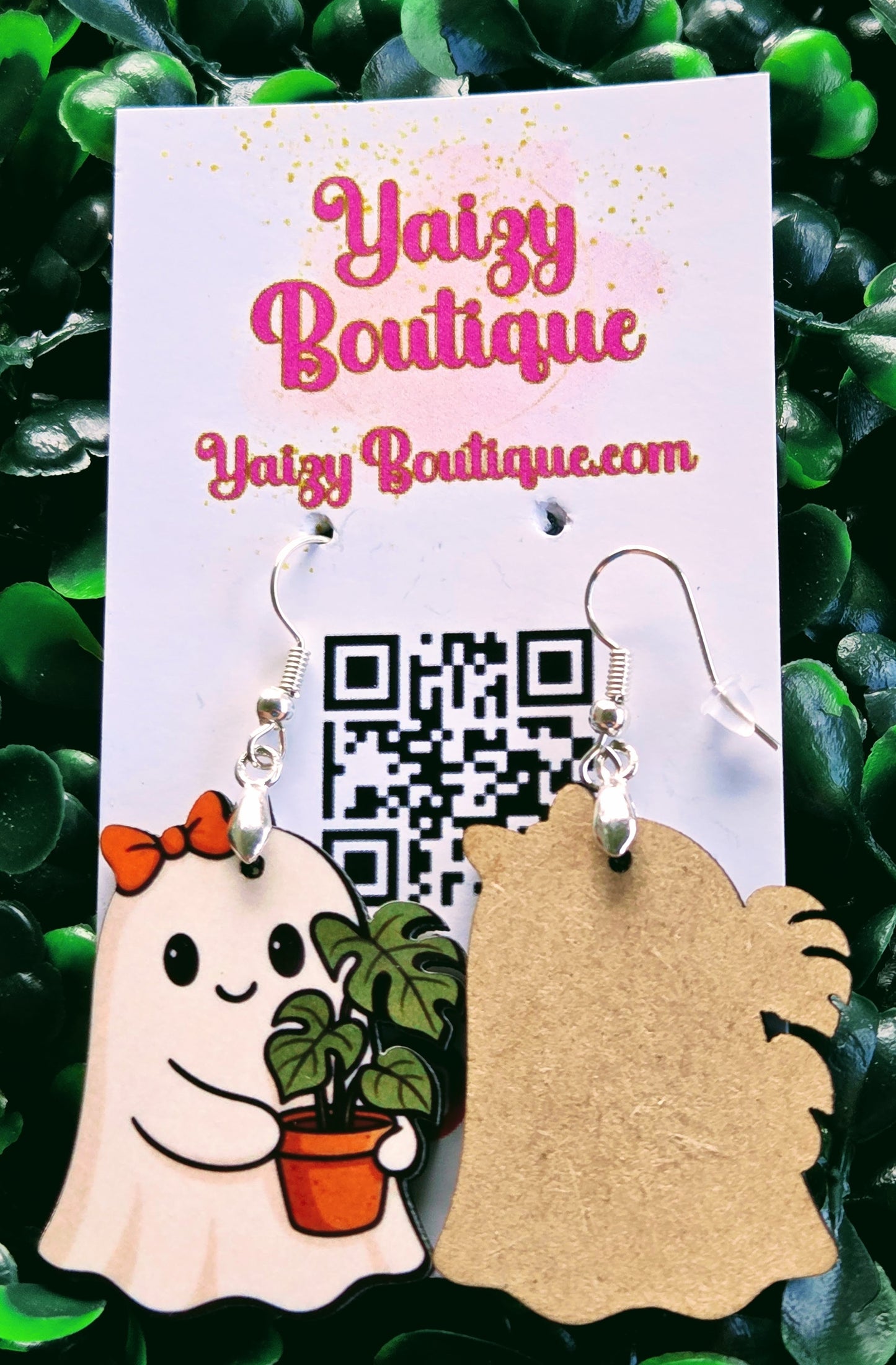 Ghost Earrings with Orange Bow & Monstera Plant – Cute Halloween Jewelry Yaizy Boutique