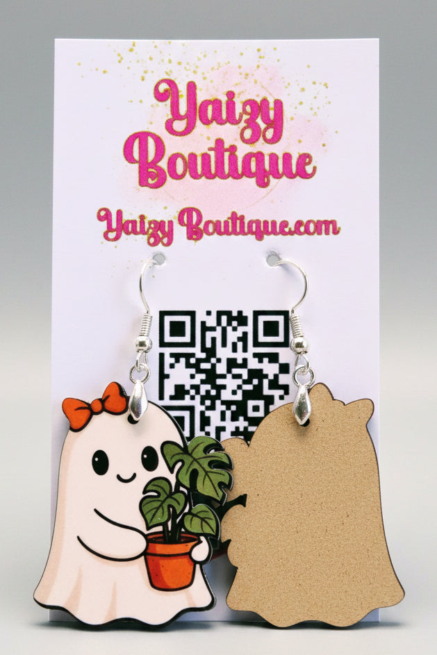 Ghost Earrings with Orange Bow & Monstera Plant – Cute Halloween Jewelry Yaizy Boutique