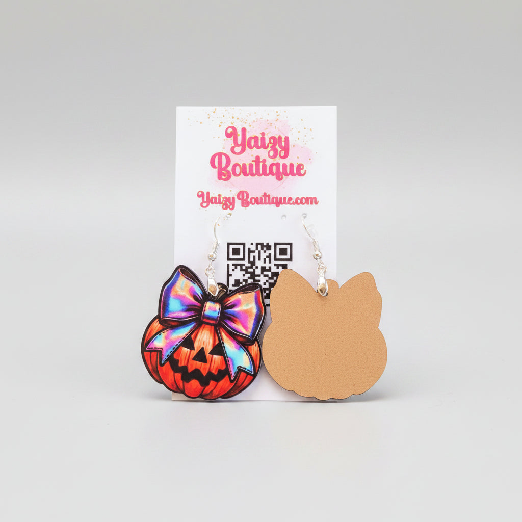 Jack O’ Lantern Bow Earrings – Colorful Halloween Pumpkin Wooden Earrings Yaizy Boutique