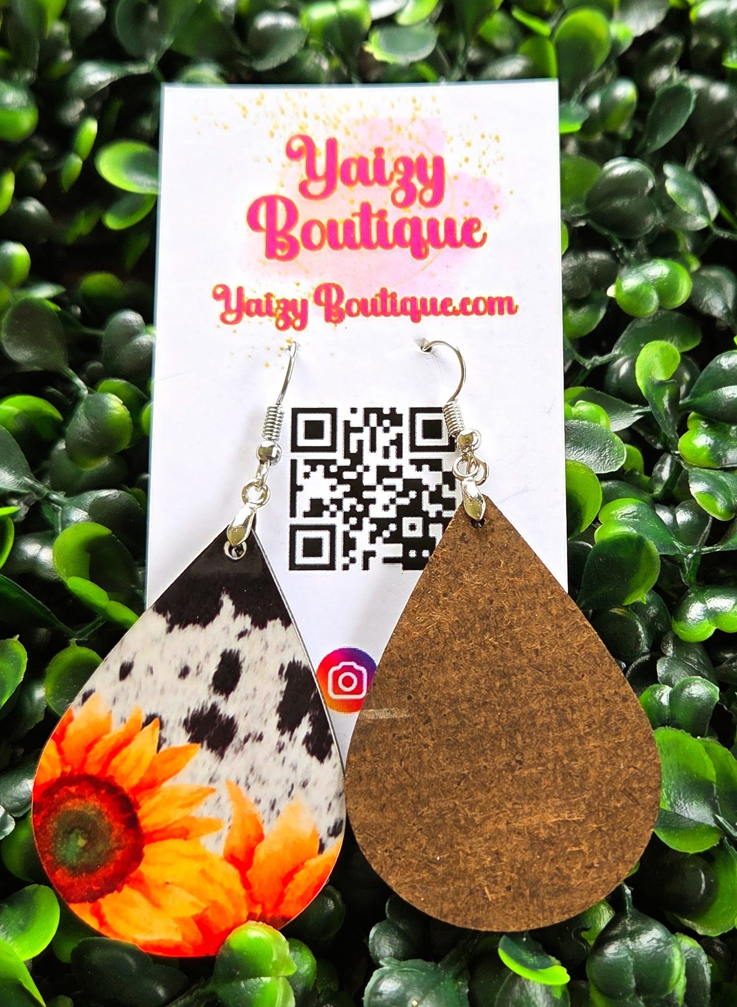 Handmade Sunflower & Cow Print Teardrop Earrings – MDF Wood, Nickel-Free Hooks Yaizy Boutique