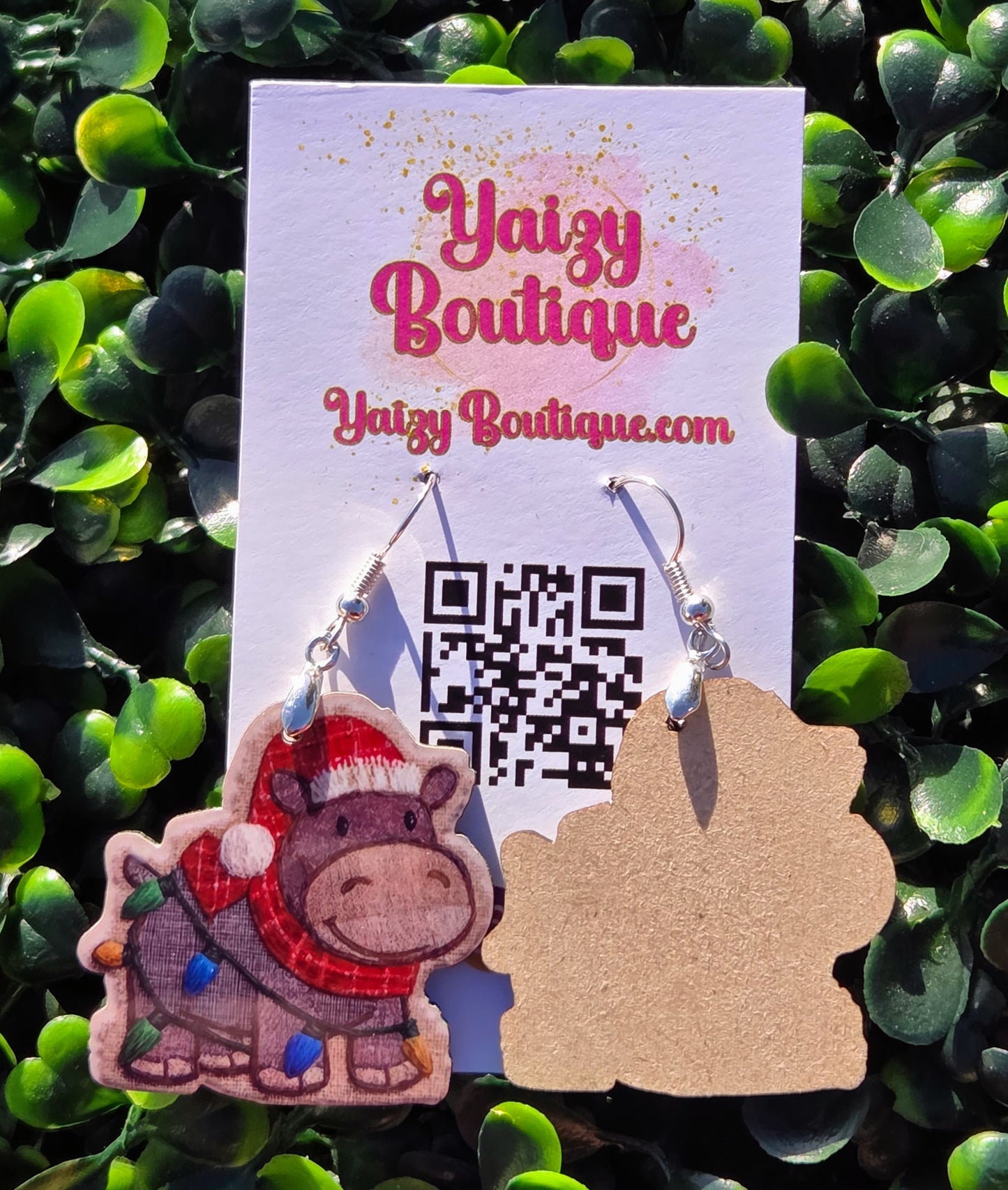 Christmas Hippo Earrings – Holiday MDF Wood Jewelry • Cute Animal Earrings Yaizy Boutique