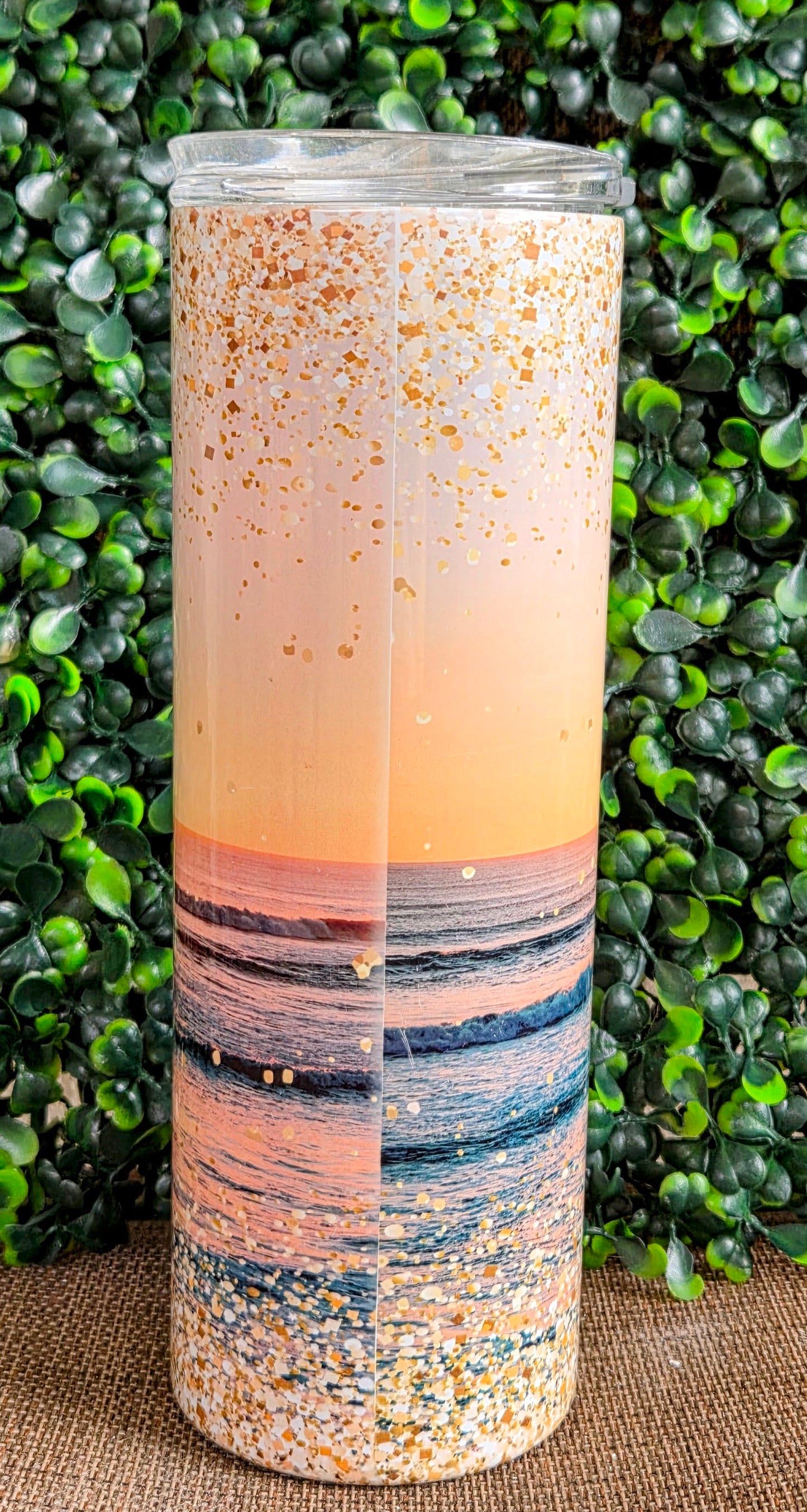 Beach Sunset 20oz Tumbler – Gold Glitter Ocean Stainless Steel Cup Yaizy Boutique