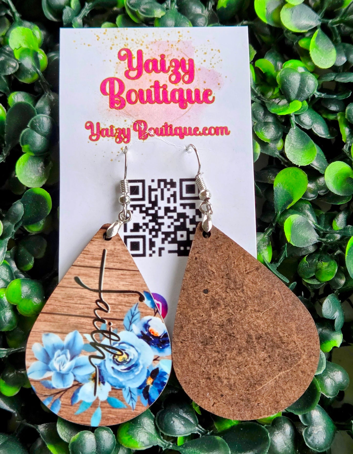 Handmade Faith Teardrop Earrings – Blue Floral Wood Dangle Jewelry | Yaizy Boutique Yaizy Boutique