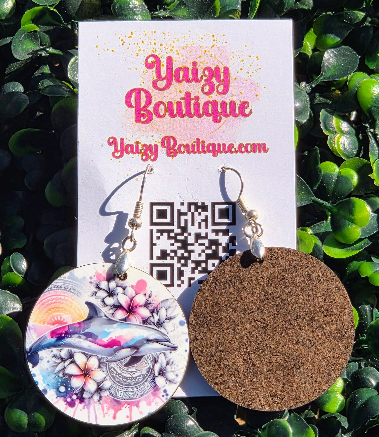 Handmade Tropical Dolphin Circle Earrings - Lightweight MDF Wood with Stainless Steel Hooks Yaizy Boutique