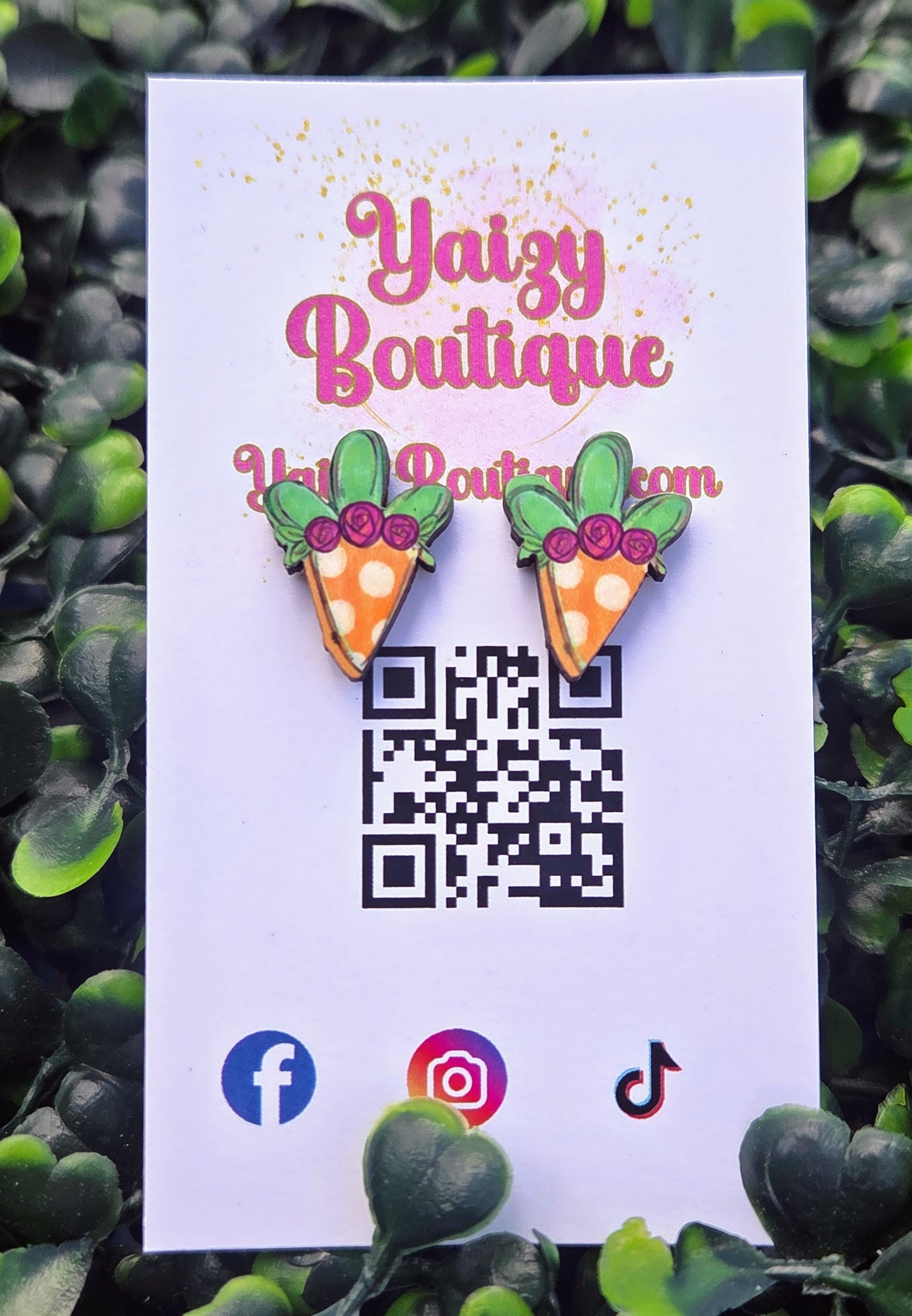 Polka Dot Carrot Stud Earrings with Floral Detail - Spring & Easter MDF Wood Jewelry Yaizy Boutique