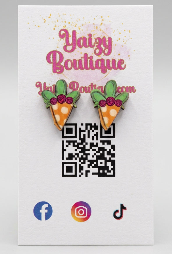 Polka Dot Carrot Stud Earrings with Floral Detail - Spring & Easter MDF Wood Jewelry Yaizy Boutique