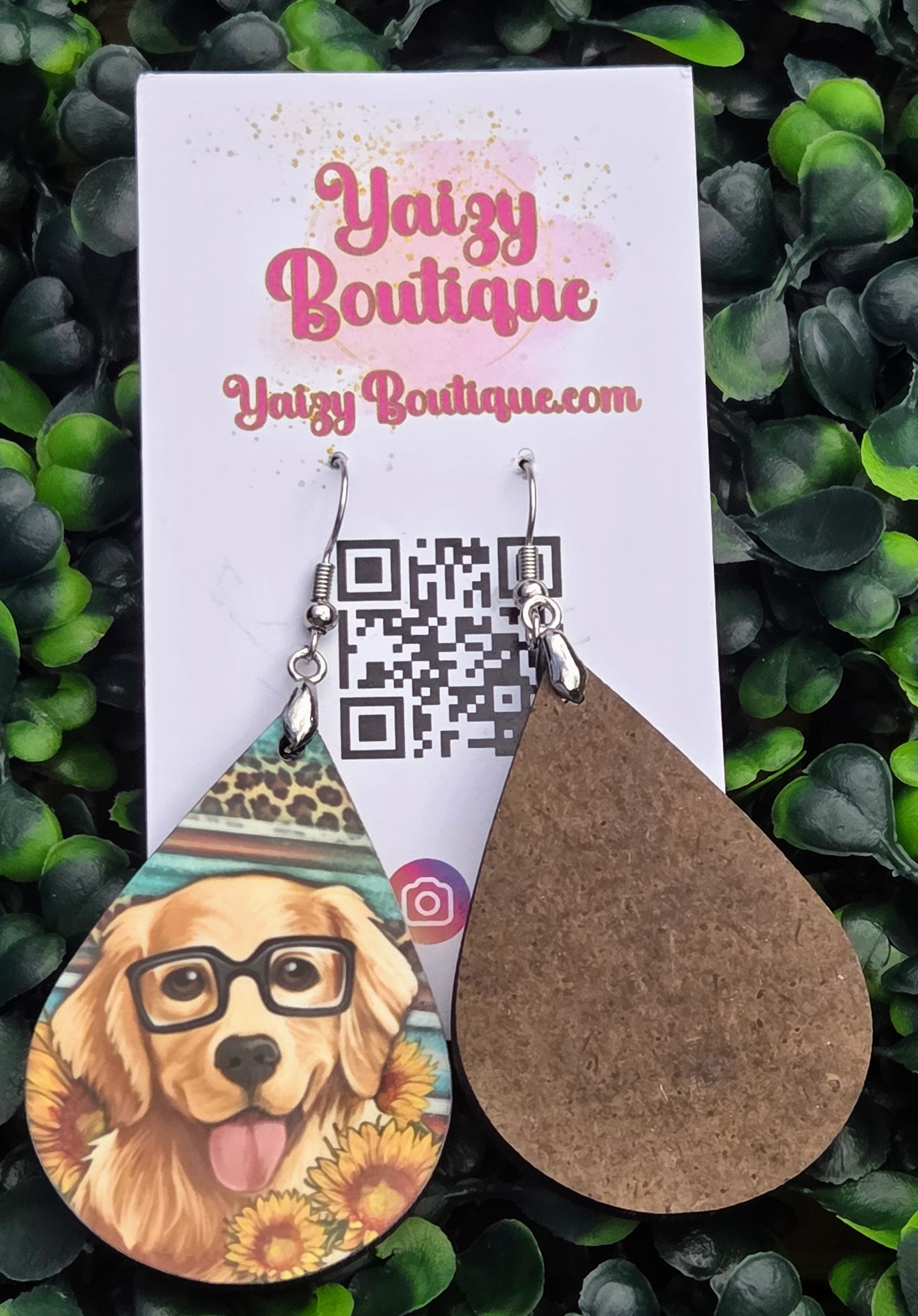 Handmade Golden Retriever with Glasses Teardrop Earrings - 2-Inch Lightweight Wood Yaizy Boutique