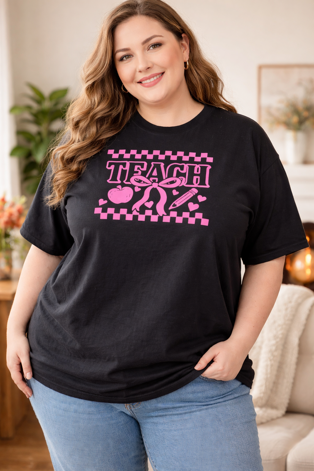 Teacher Bow Graphic Tee – Pink Teacher Shirt | Plus Size 2XL & 3XL, One of Each Yaizy Boutique