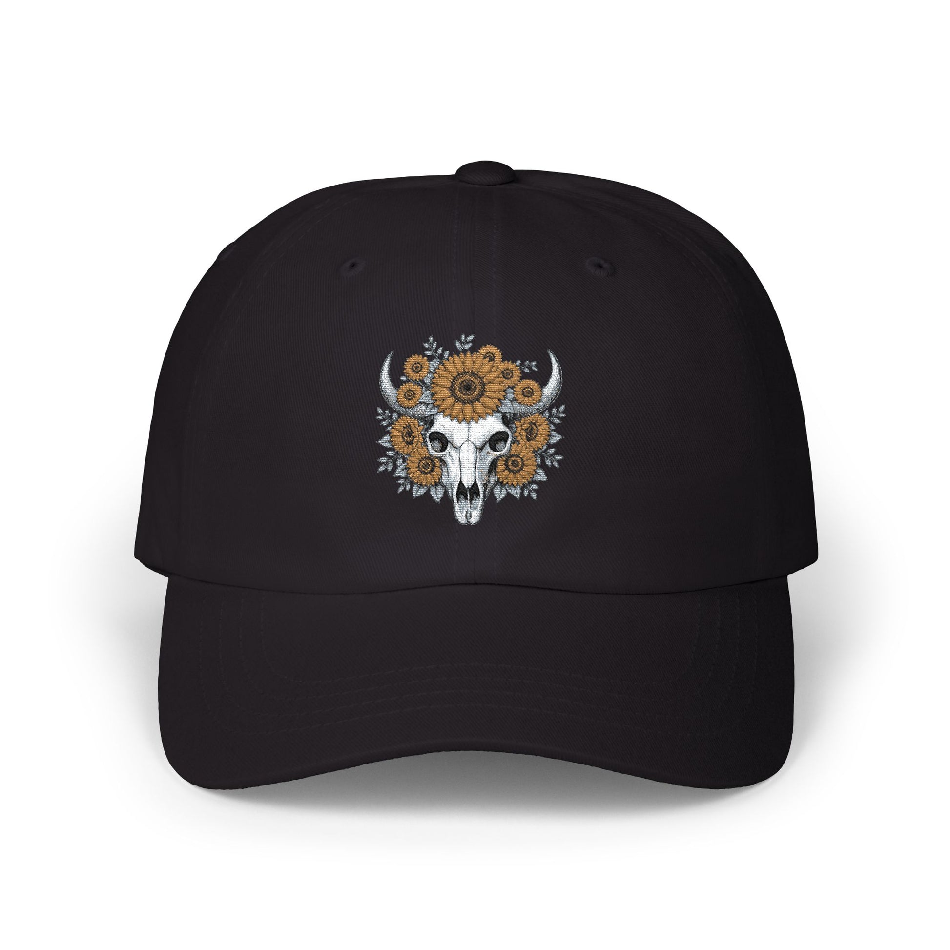 Sunflower Bull Skull Embroidered Dad Hat | Western Boho Floral Ca Printify