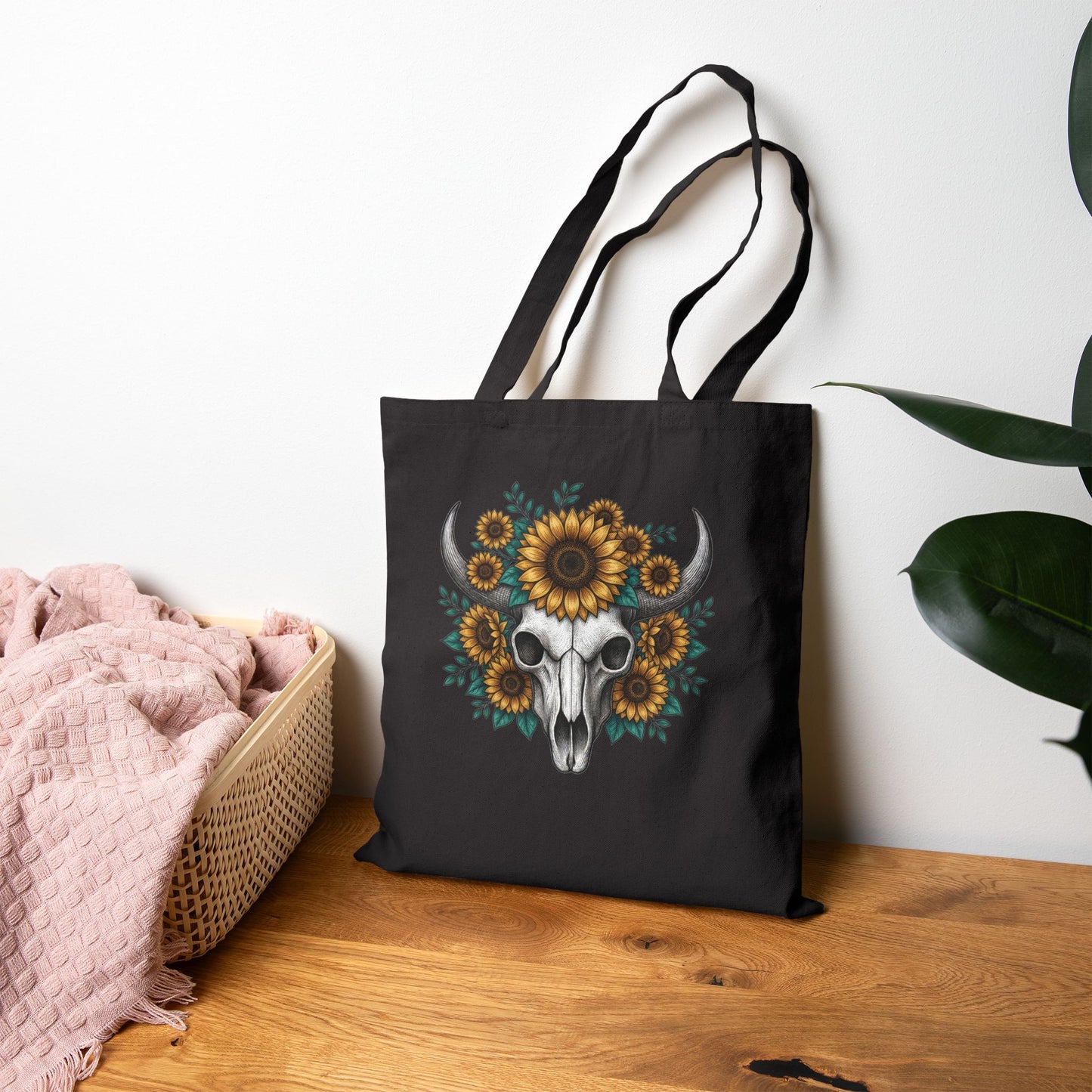 Sunflower Bull Skull Tote Bag – Western Boho Canvas Tote, Rustic Sunflower Skull Market Bag, Country Style Cotton Tote Printify