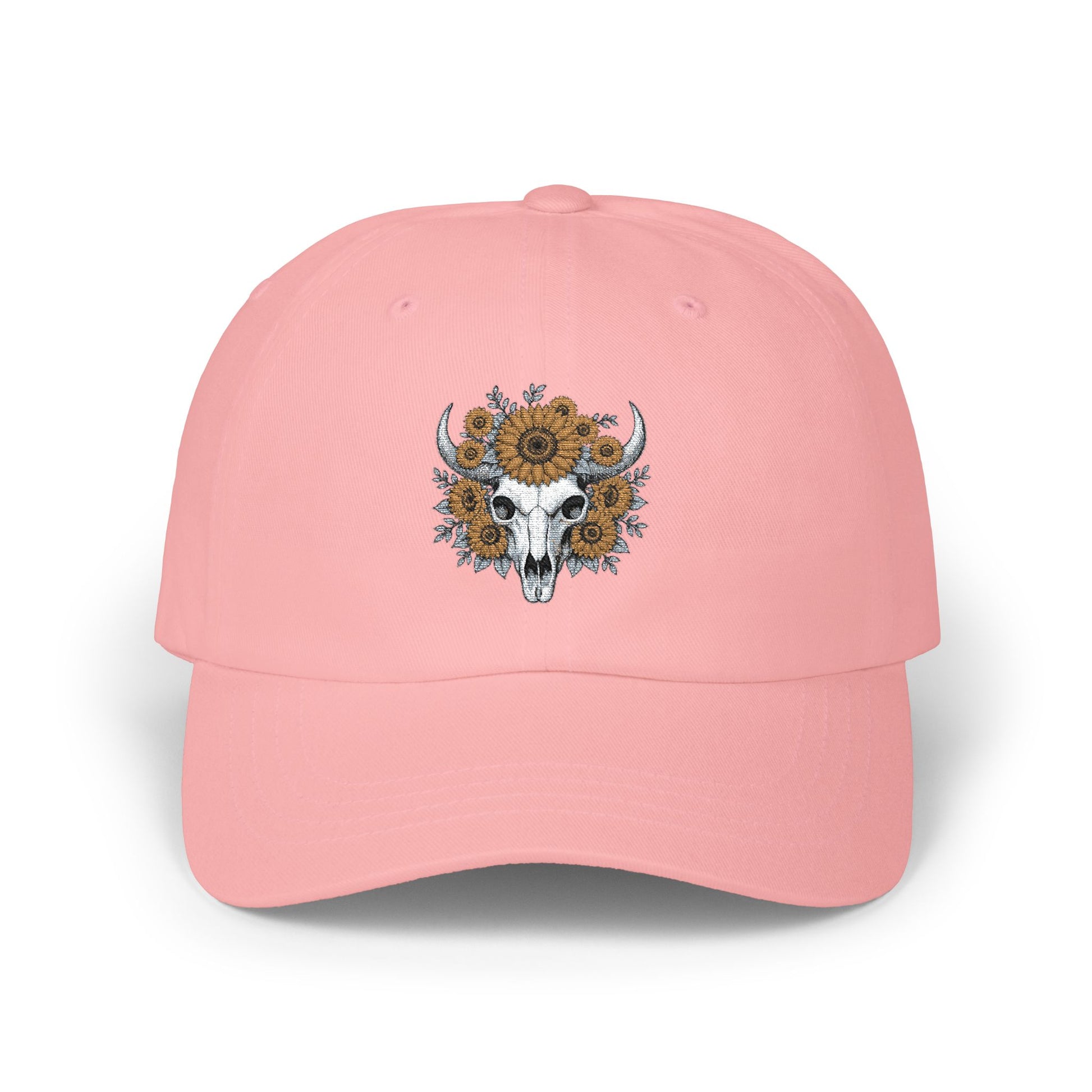 Sunflower Bull Skull Embroidered Dad Hat | Western Boho Floral Ca Printify