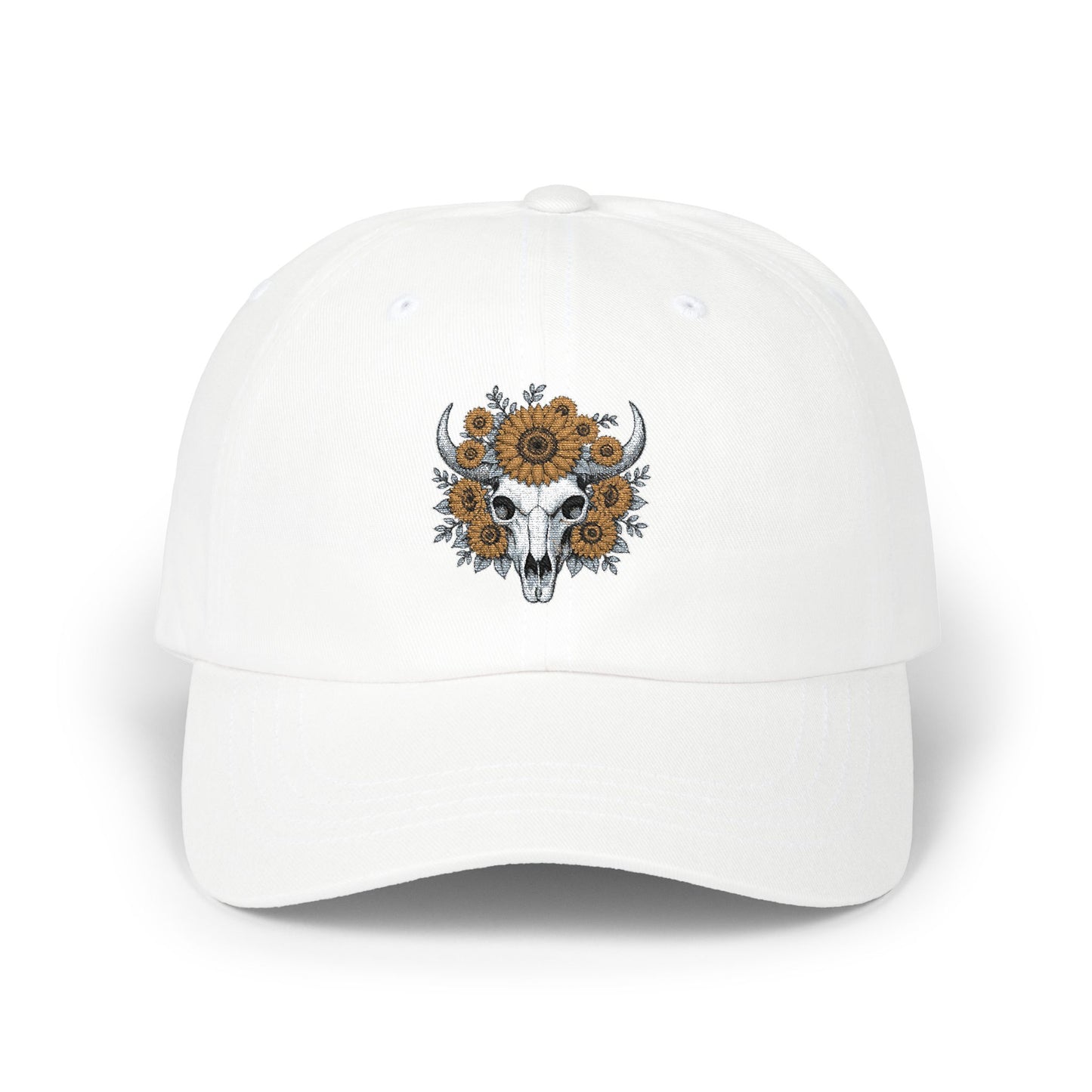 Sunflower Bull Skull Embroidered Dad Hat | Western Boho Floral Ca Printify