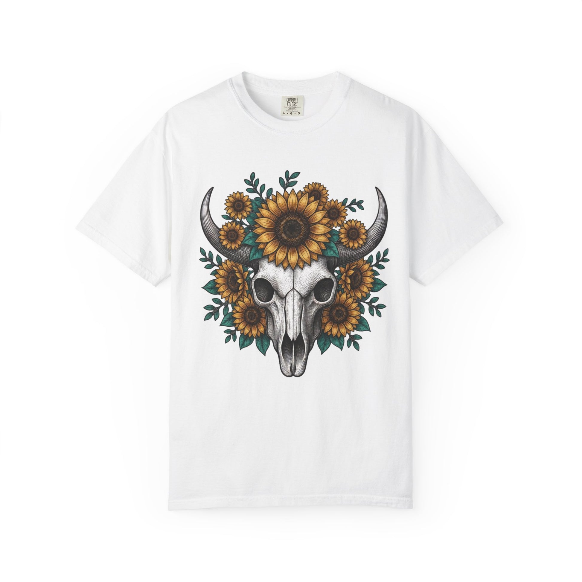 Sunflower Bull Skull Comfort Colors Tee | Western Boho Graphic Shirt Printify