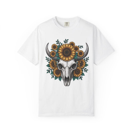 Sunflower Bull Skull Comfort Colors Tee | Western Boho Graphic Shirt Printify
