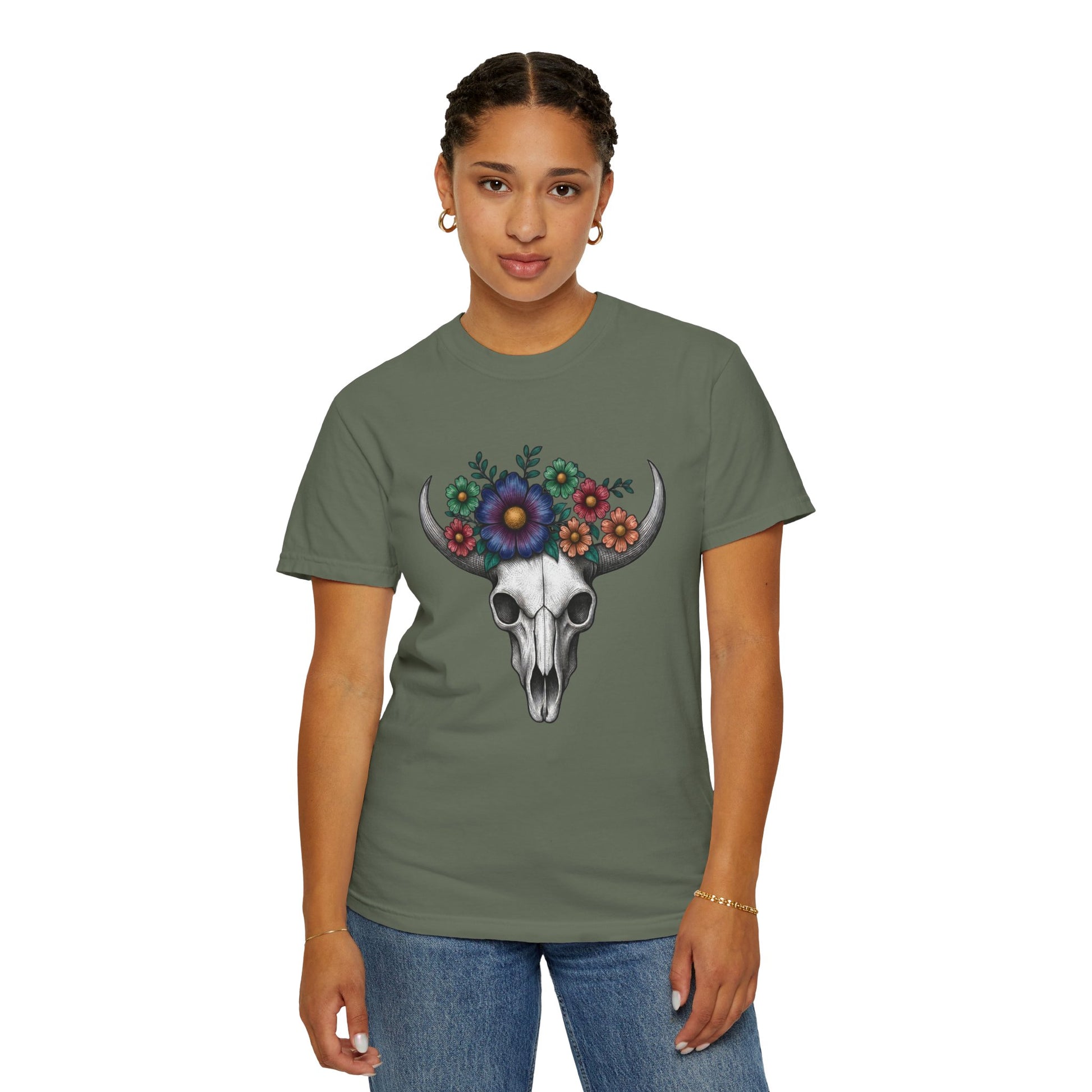 Floral Bull Skull Comfort Colors Tee | Western Boho Graphic Shir Printify