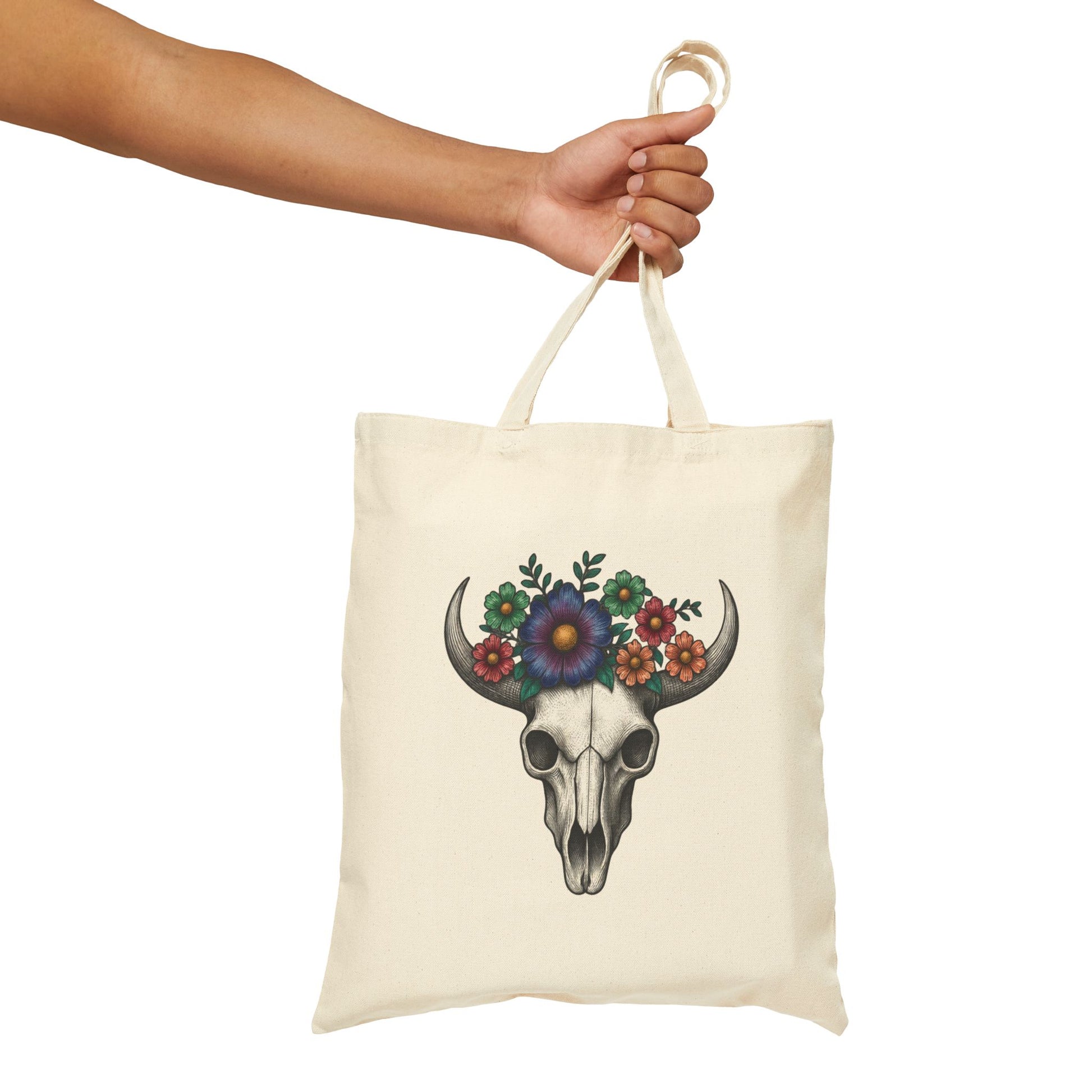 Floral Bull Skull Canvas Tote Bag | Western Boho Market Bag Printify