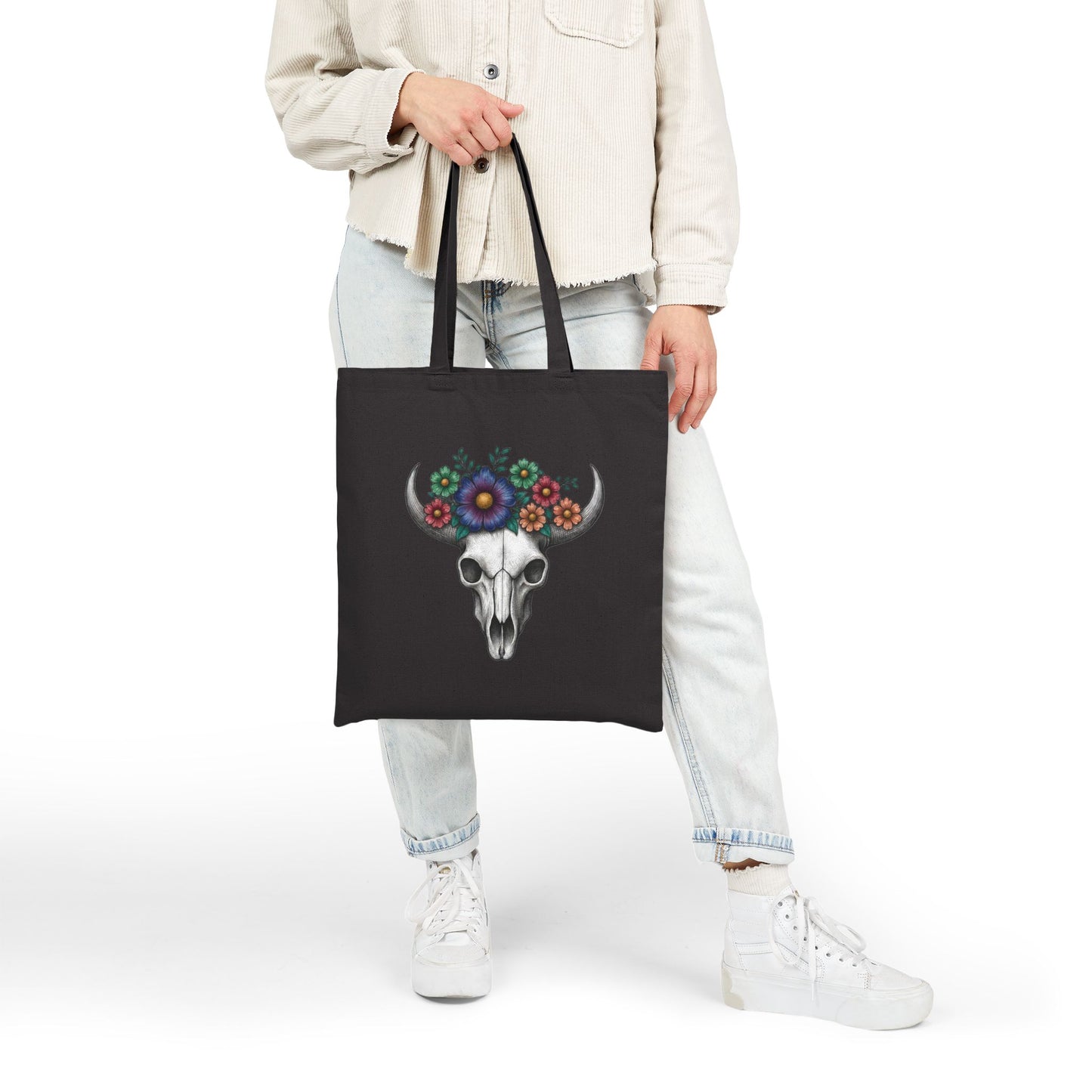 Floral Bull Skull Canvas Tote Bag | Western Boho Market Bag Printify