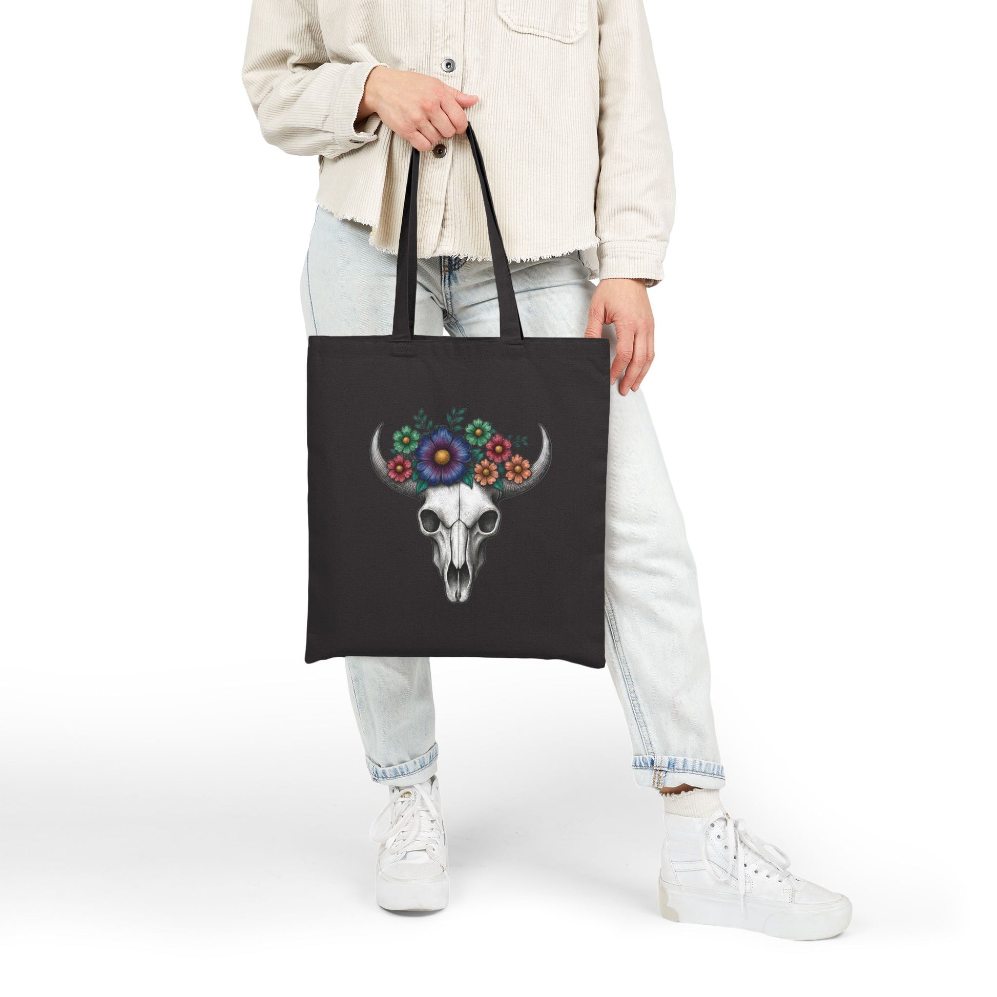 Floral Bull Skull Canvas Tote Bag | Western Boho Market Bag Printify
