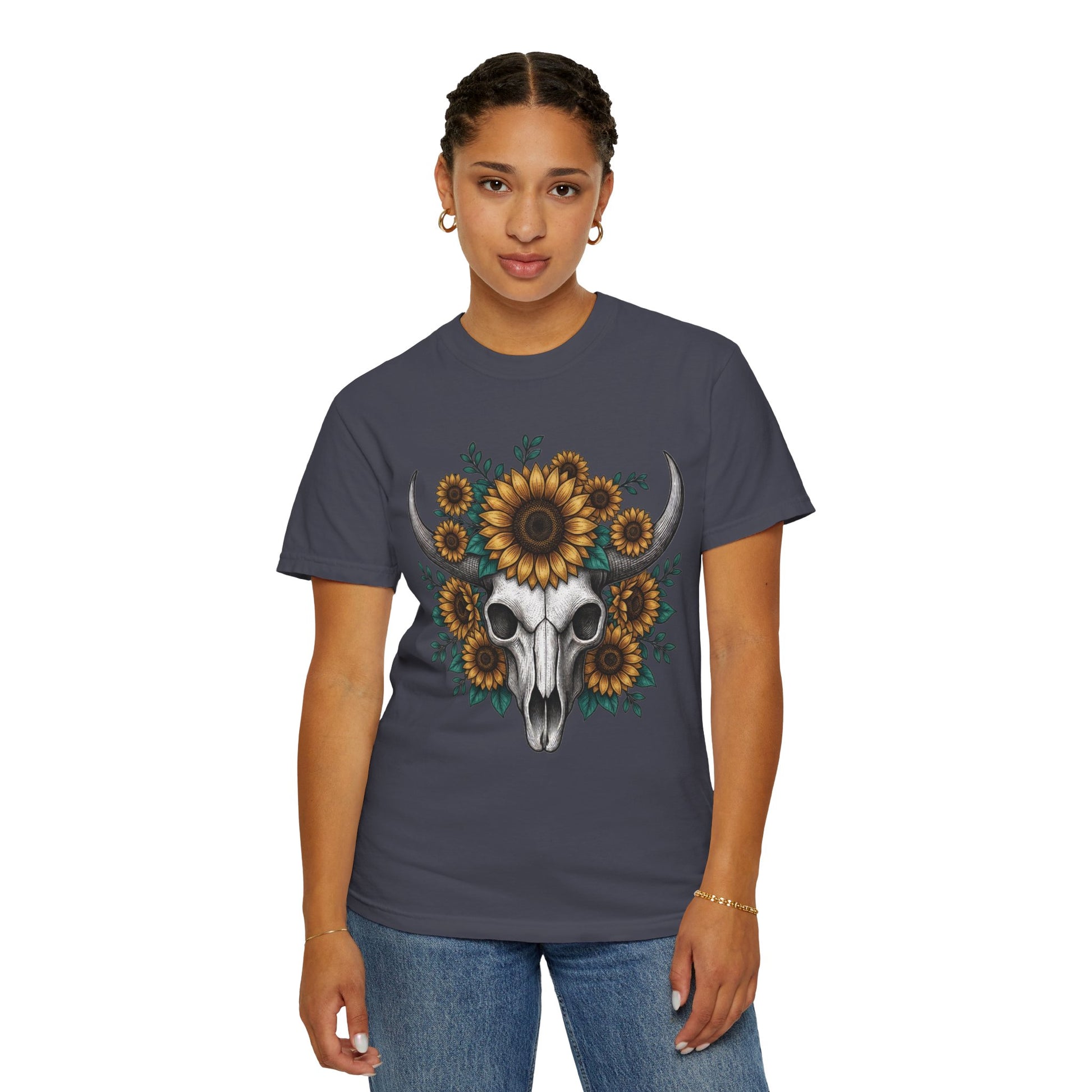 Sunflower Bull Skull Comfort Colors Tee | Western Boho Graphic Shirt Printify