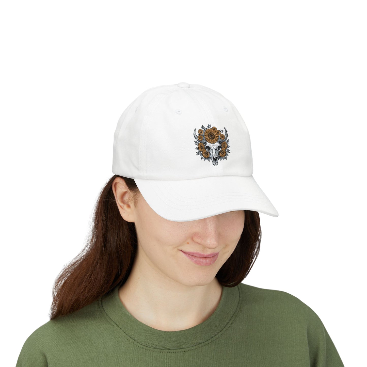 Sunflower Bull Skull Embroidered Dad Hat | Western Boho Floral Ca Printify