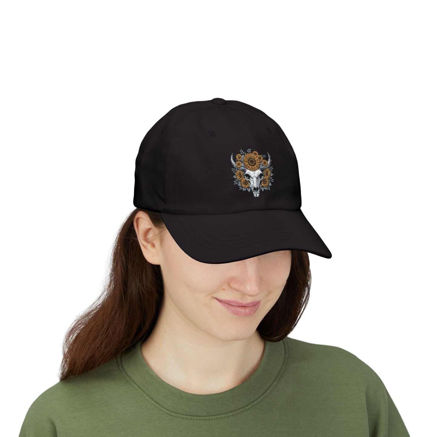 Sunflower Bull Skull Embroidered Dad Hat | Western Boho Floral Ca Printify