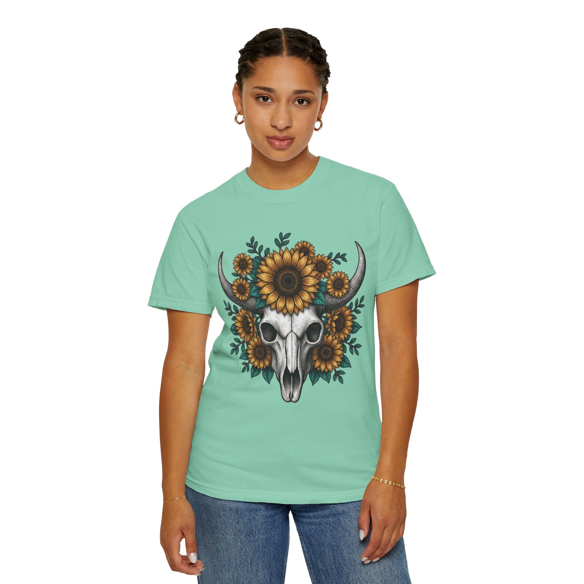 Sunflower Bull Skull Comfort Colors Tee | Western Boho Graphic Shirt Printify