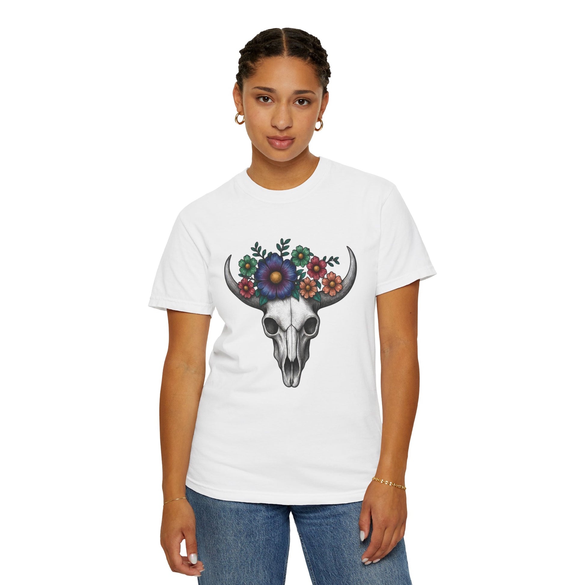 Floral Bull Skull Comfort Colors Tee | Western Boho Graphic Shir Printify