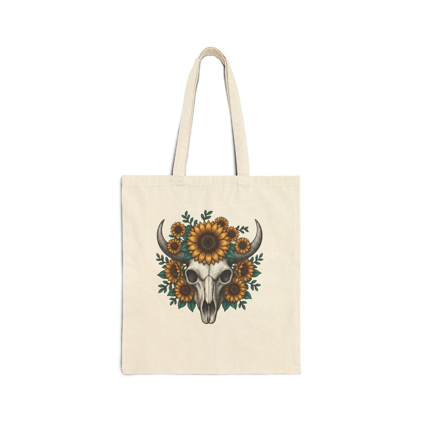 Sunflower Bull Skull Tote Bag – Western Boho Canvas Tote, Rustic Sunflower Skull Market Bag, Country Style Cotton Tote Printify