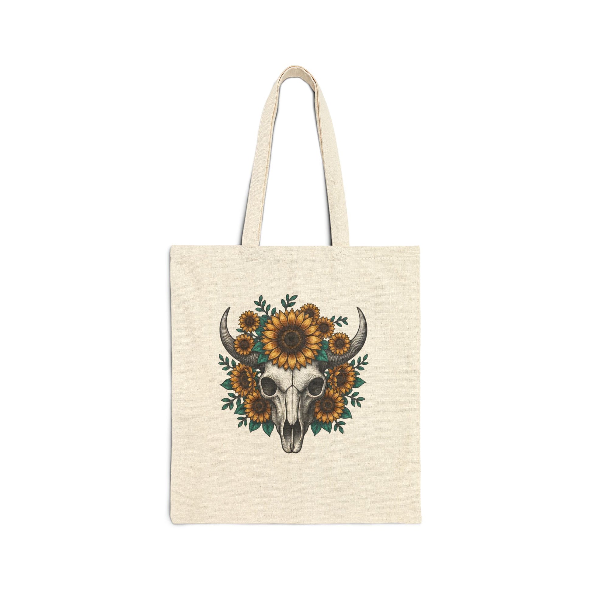 Sunflower Bull Skull Tote Bag – Western Boho Canvas Tote, Rustic Sunflower Skull Market Bag, Country Style Cotton Tote Printify