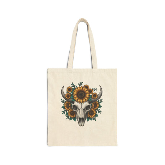 Sunflower Bull Skull Tote Bag – Western Boho Canvas Tote, Rustic Sunflower Skull Market Bag, Country Style Cotton Tote Printify
