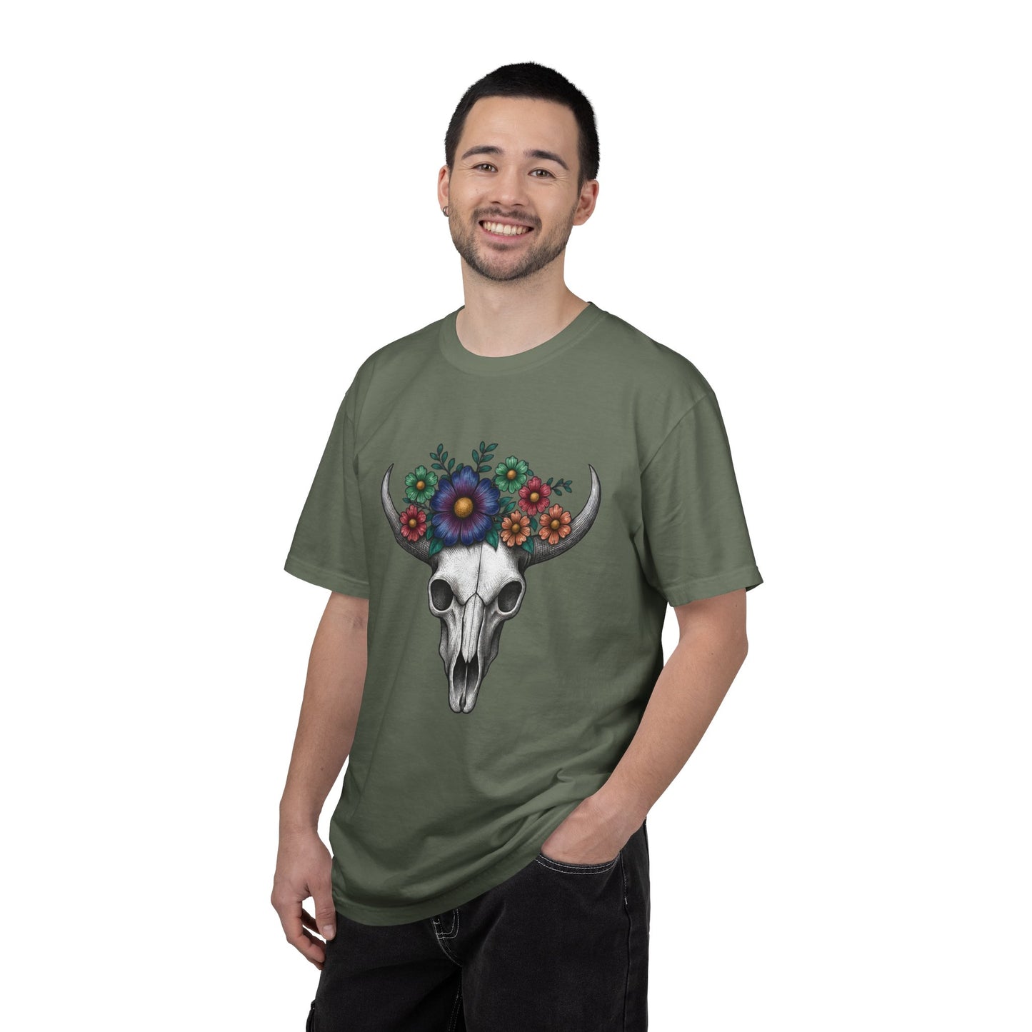 Floral Bull Skull Comfort Colors Tee | Western Boho Graphic Shir Printify