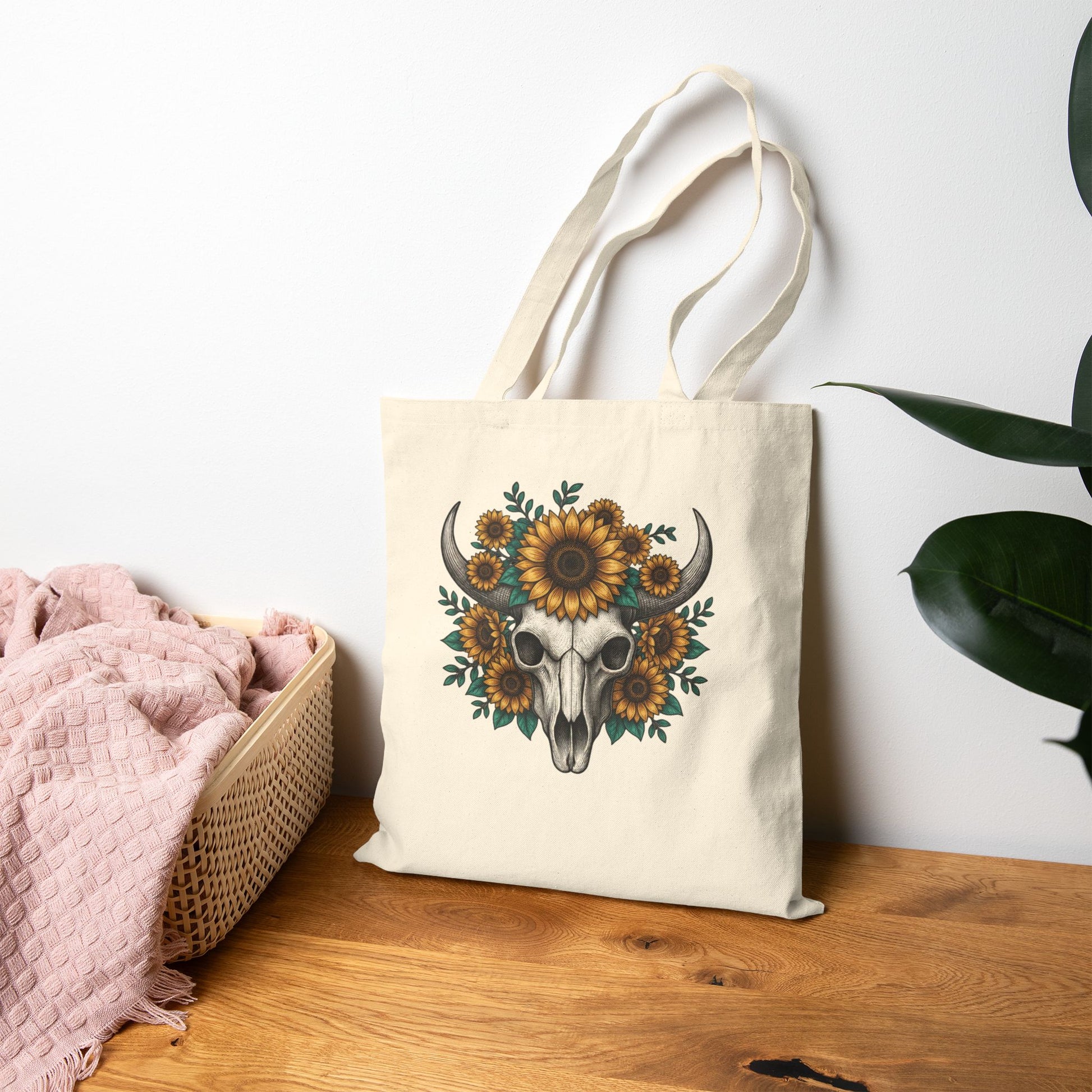 Sunflower Bull Skull Tote Bag – Western Boho Canvas Tote, Rustic Sunflower Skull Market Bag, Country Style Cotton Tote Printify