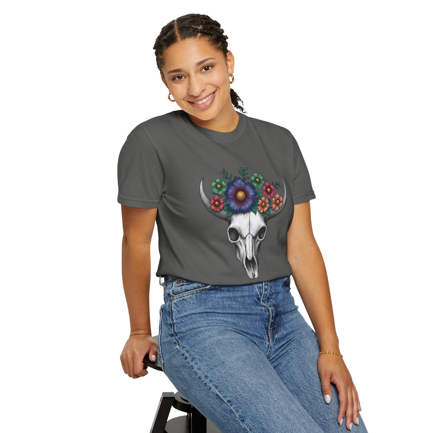 Floral Bull Skull Comfort Colors Tee | Western Boho Graphic Shir Printify