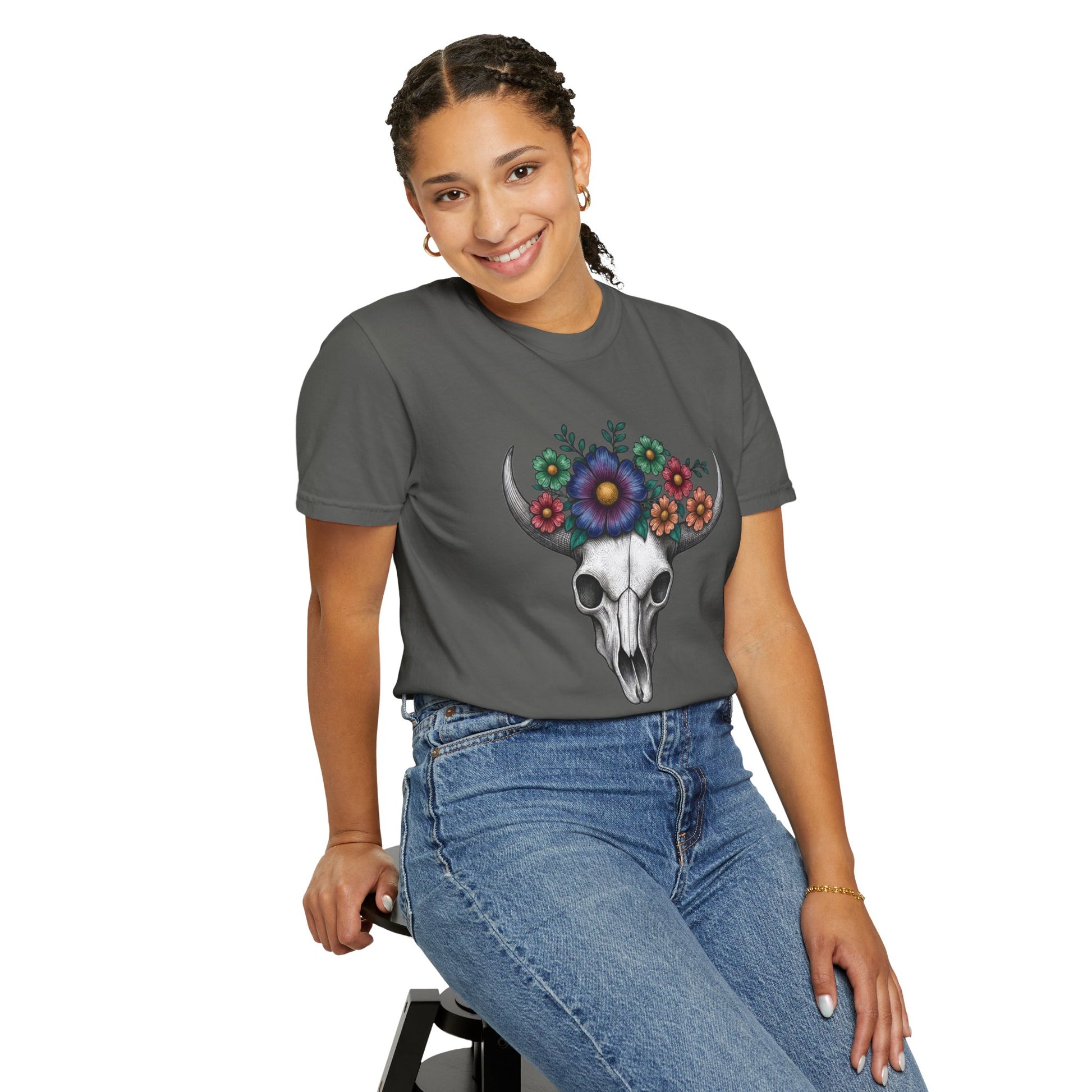Floral Bull Skull Comfort Colors Tee | Western Boho Graphic Shir Printify