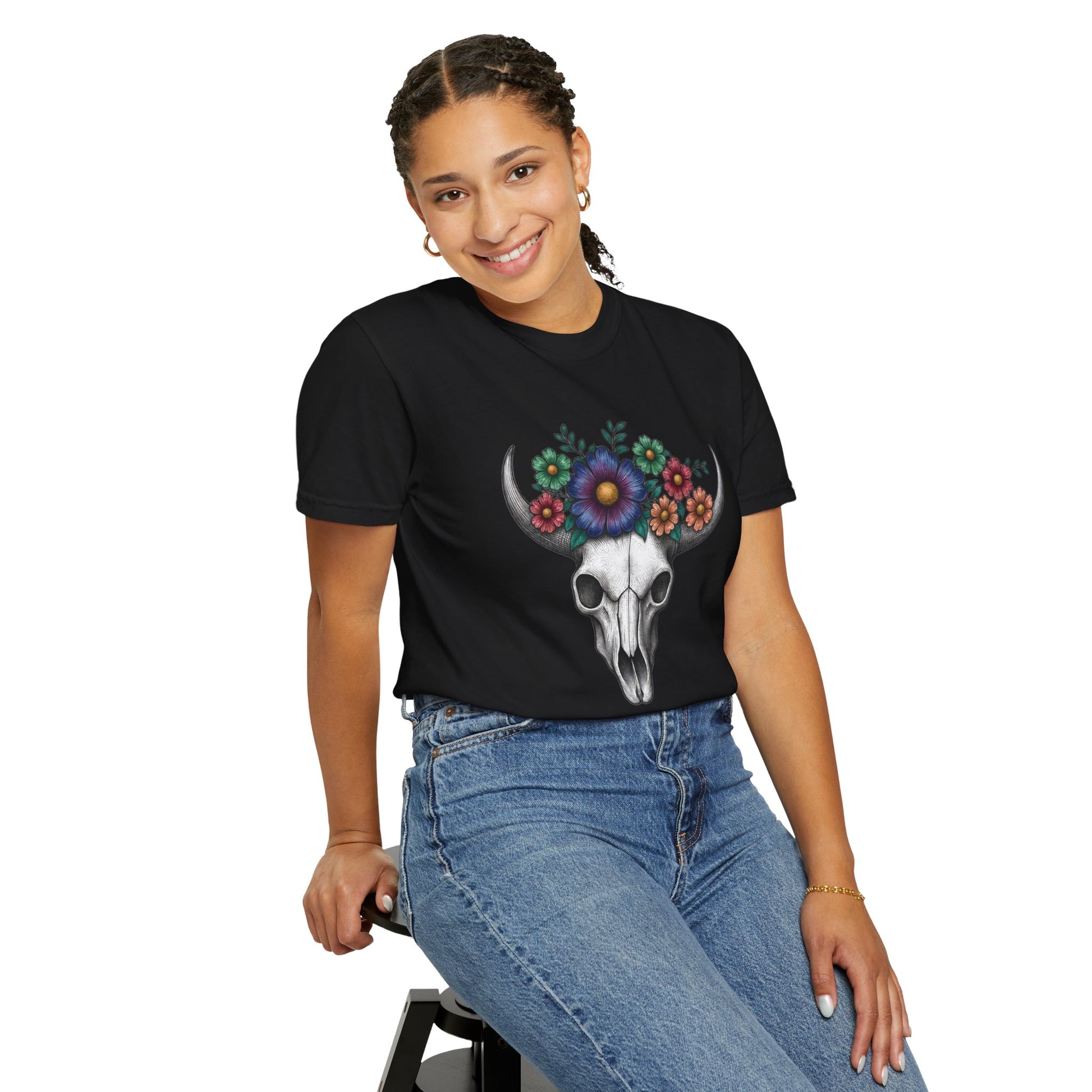 Floral Bull Skull Comfort Colors Tee | Western Boho Graphic Shir Printify