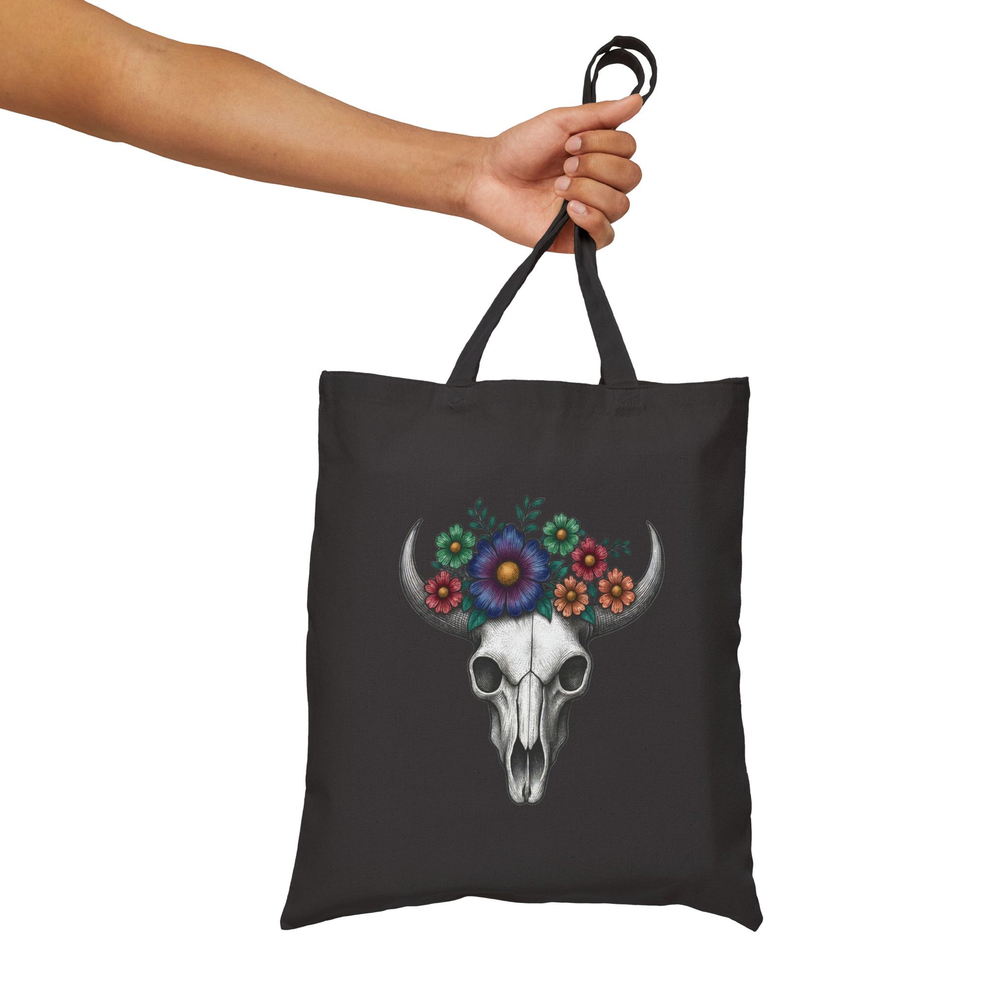 Floral Bull Skull Canvas Tote Bag | Western Boho Market Bag Printify