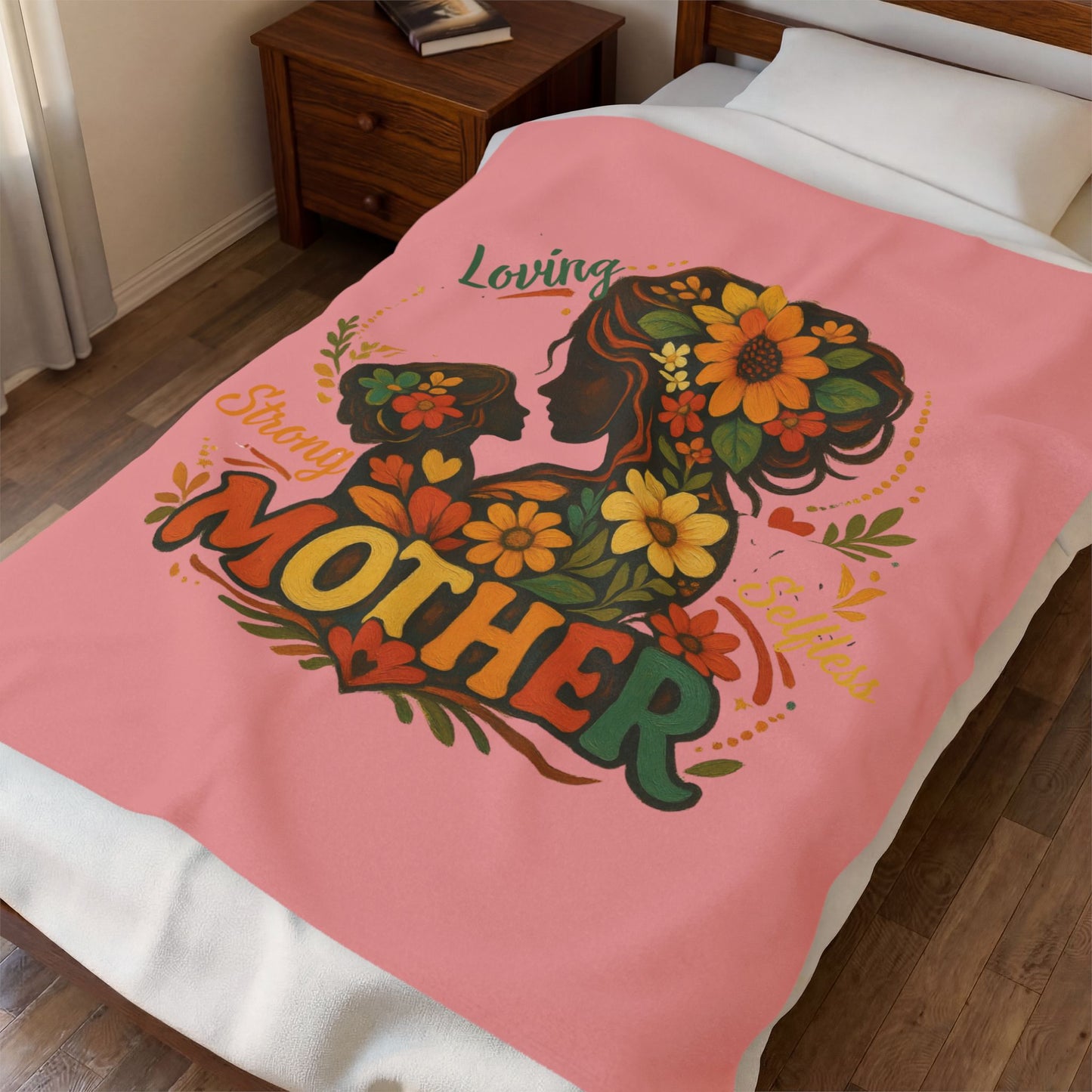 Vintage Floral Mother and Child Plush Blanket - Retro Aesthetic Mom Gift - Soft Autumn Tone Thro Printify