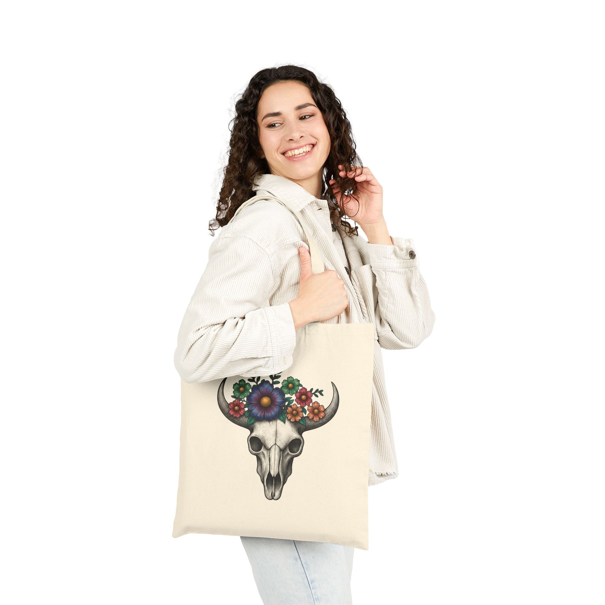 Floral Bull Skull Canvas Tote Bag | Western Boho Market Bag Printify