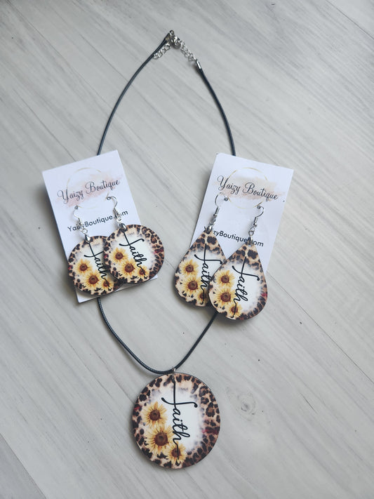 Sunflowers and Animal Print, handmade Earrings and Necklace Set.