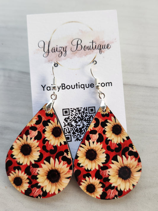 Red, animal print, Sunflower Handmade Earrings