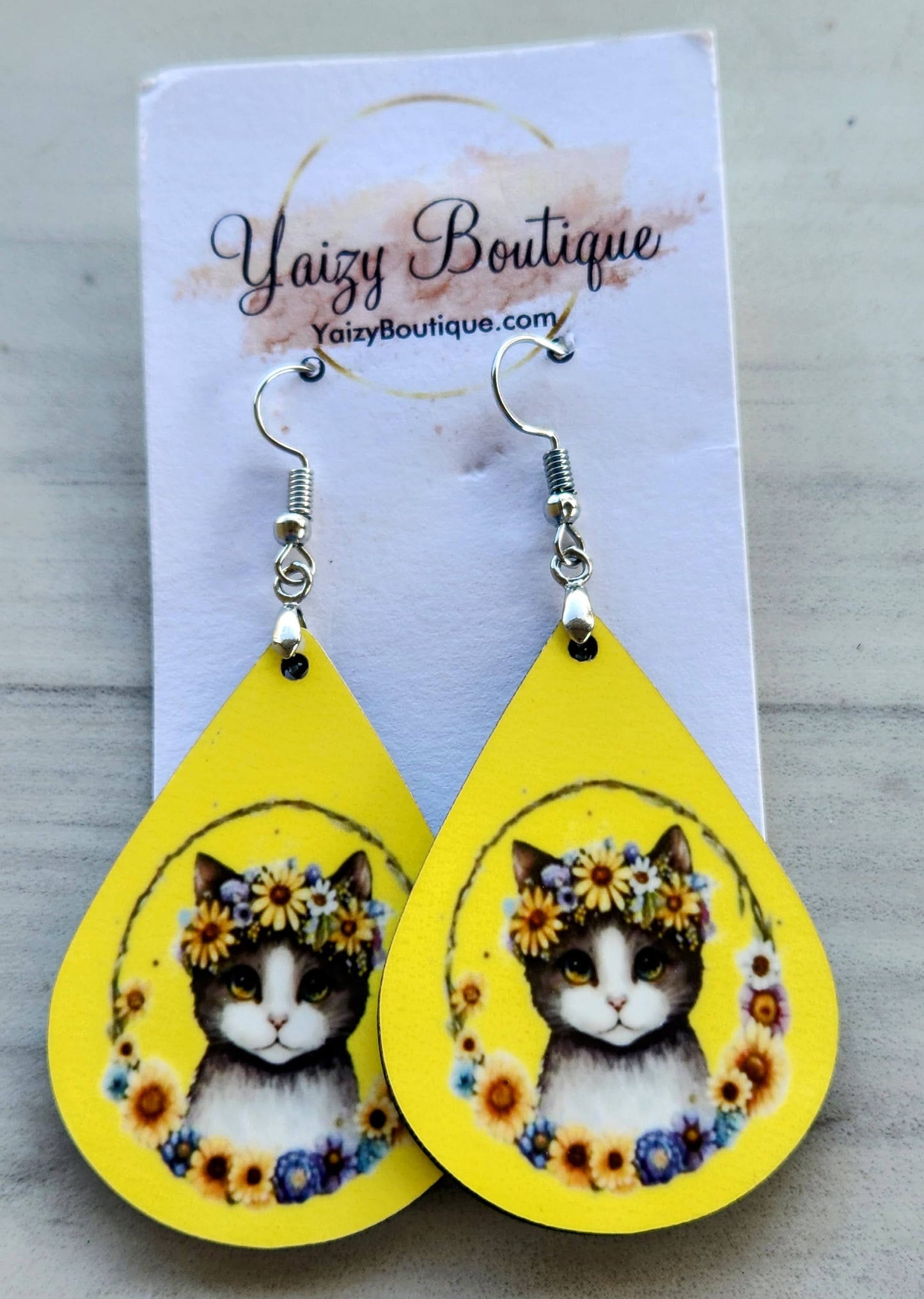 Floral Cat Earrings | Yellow Cat Lover Teardrop Earrings Yaizy Boutique