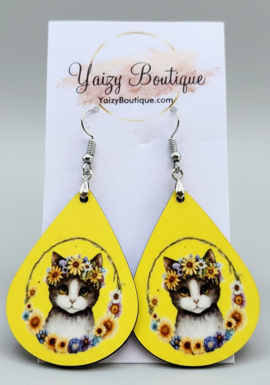 Floral Cat Earrings | Yellow Cat Lover Teardrop Earrings Yaizy Boutique