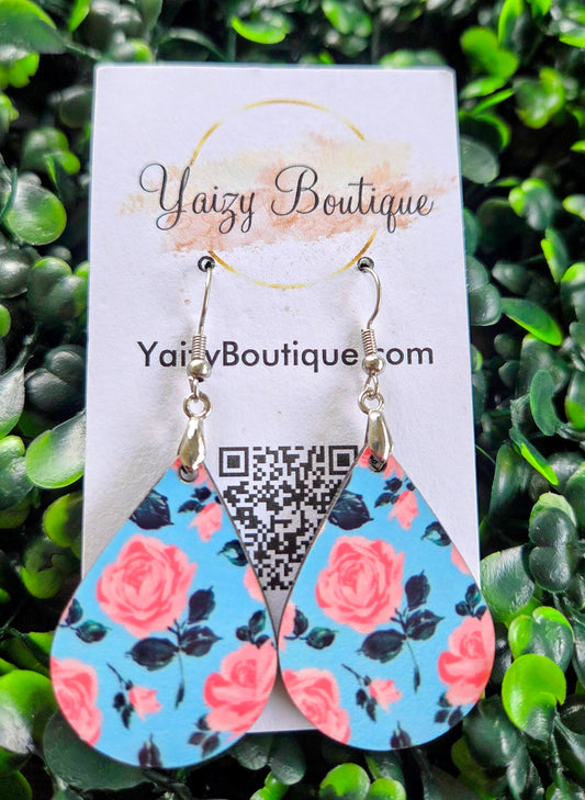Handmade Teardrop Earrings – Pink Rose Floral on Blue MDF Wood | Lightweight Statement Jewelry by Yaizy Boutique Yaizy Boutique