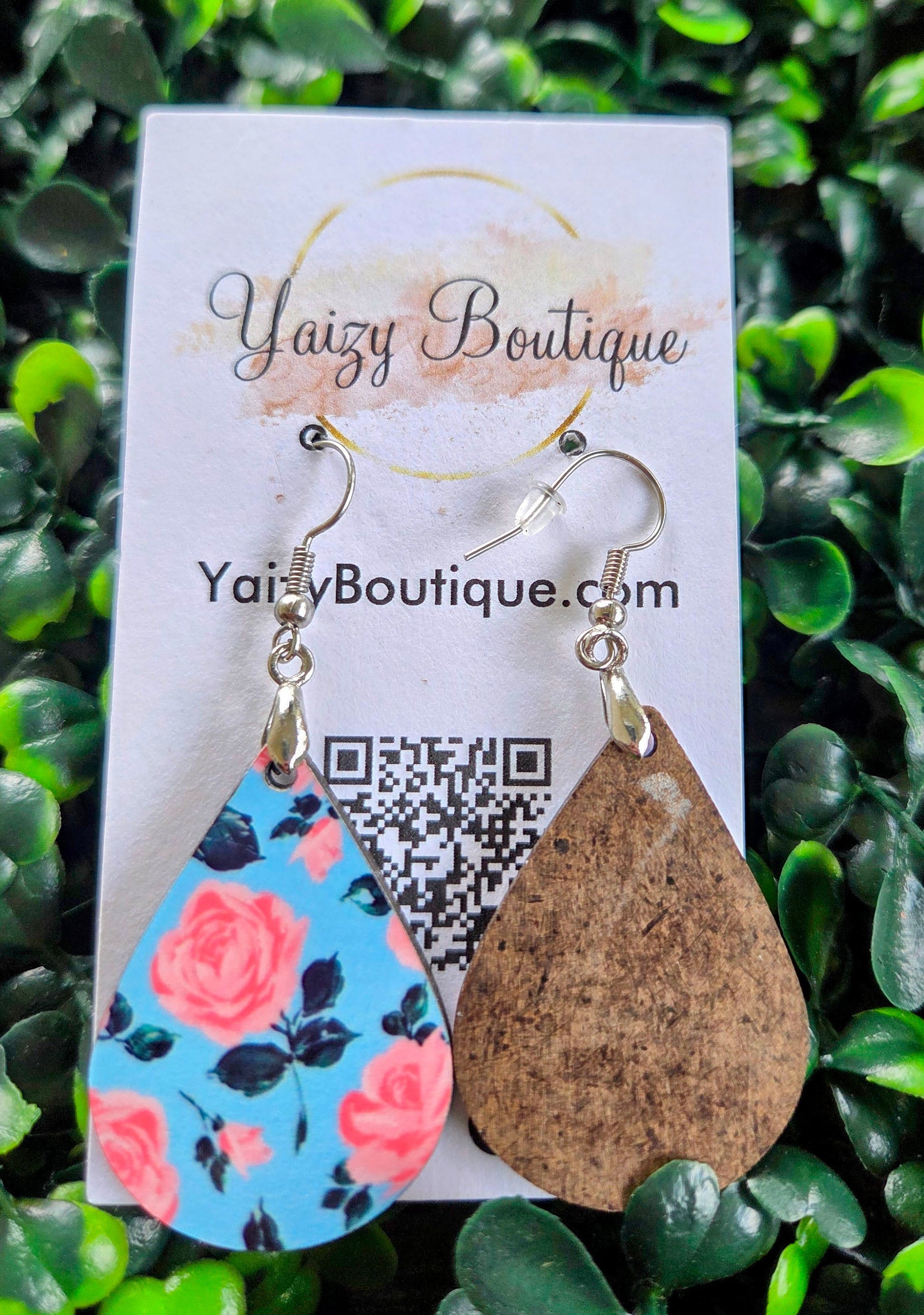 Handmade Teardrop Earrings – Pink Rose Floral on Blue MDF Wood | Lightweight Statement Jewelry by Yaizy Boutique Yaizy Boutique