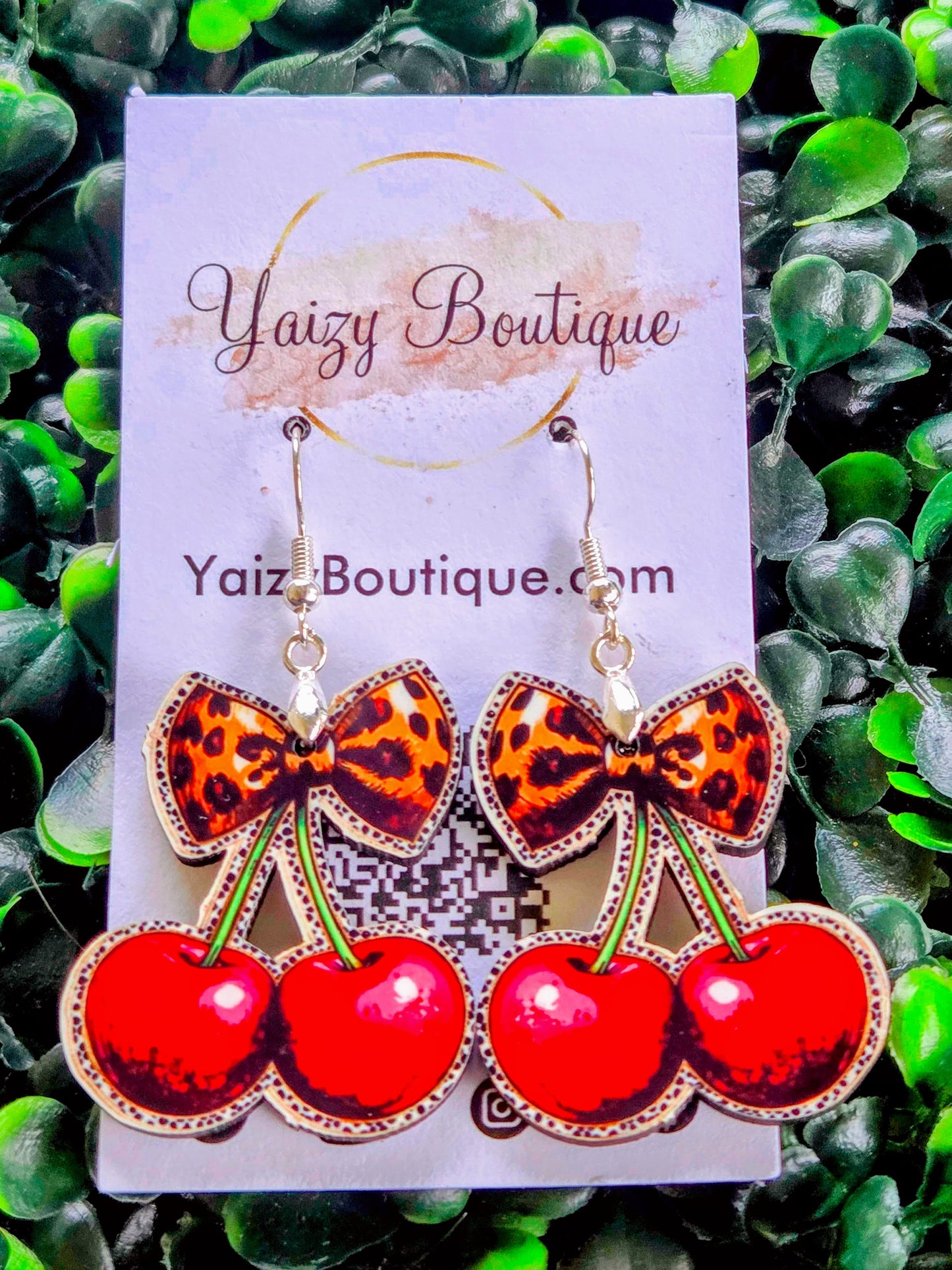 Retro Cherry Earrings with Leopard Bow – Handmade Statement Jewelry Yaizy Boutique