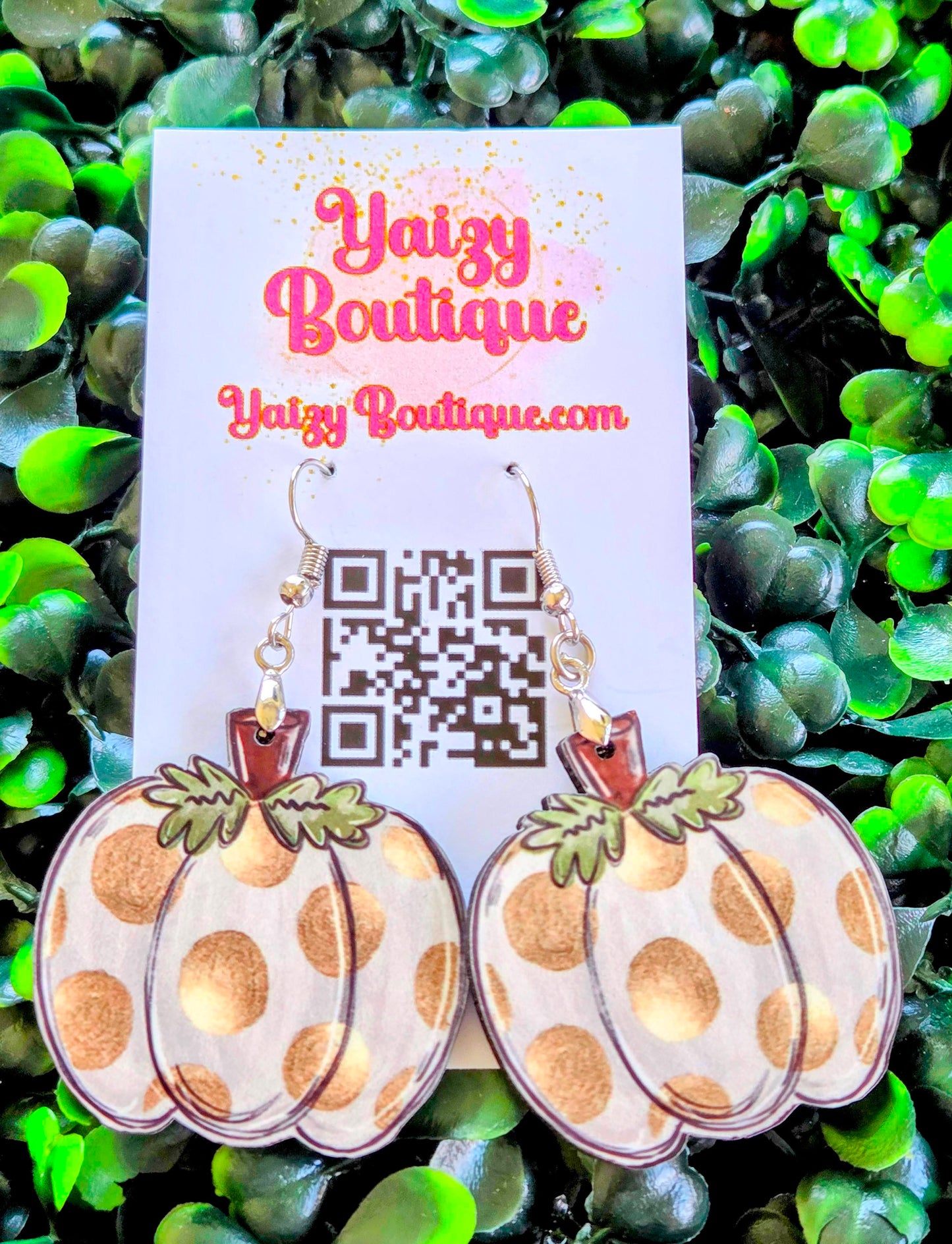 Handmade White Pumpkin Earrings with Gold Polka Dots – Fall MDF Wood Earrings Yaizy Boutique